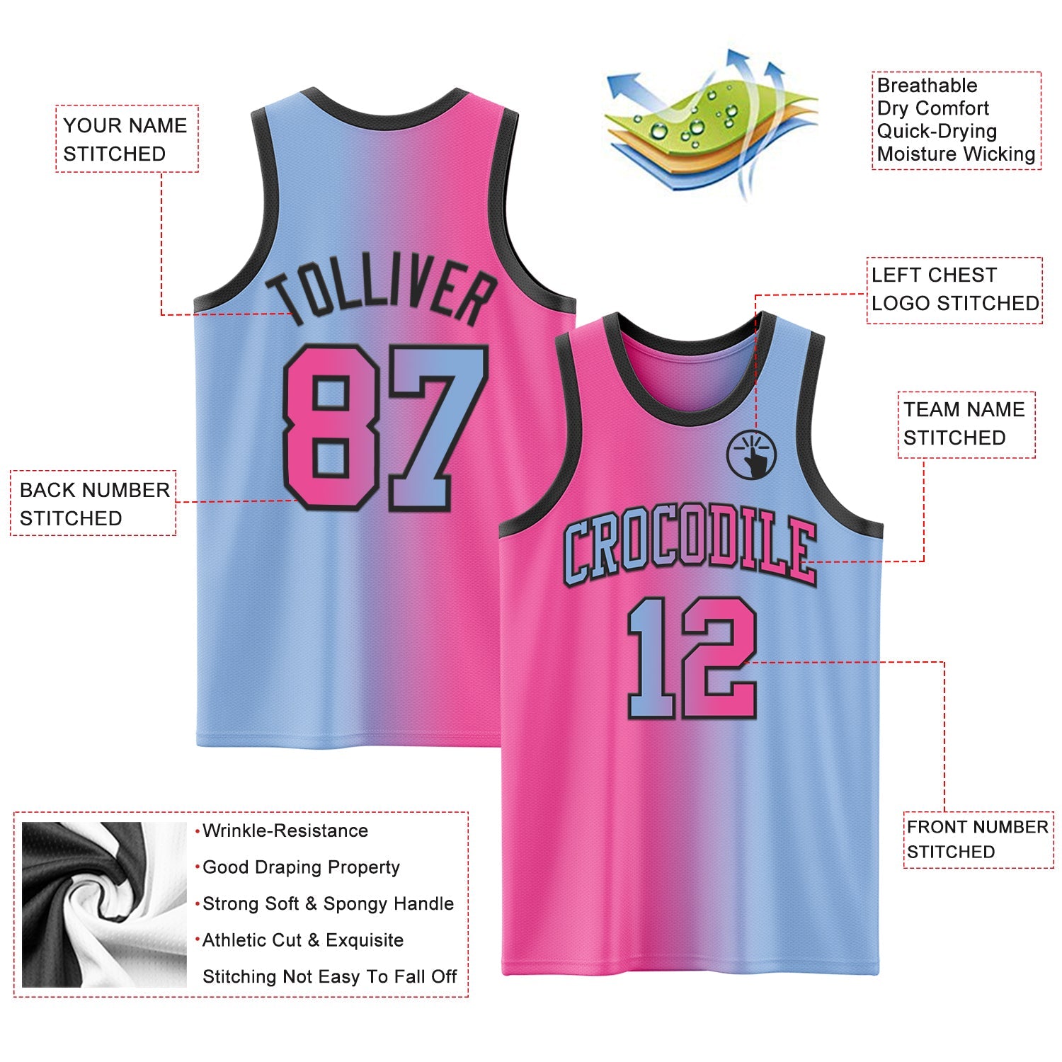 Custom Light Blue Pink-Black Authentic Gradient Fashion Basketball Jersey view 3
