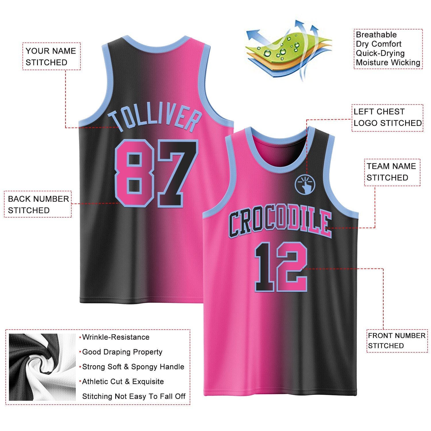 Custom Black Pink-Light Blue Authentic Gradient Fashion Basketball Jersey view 3