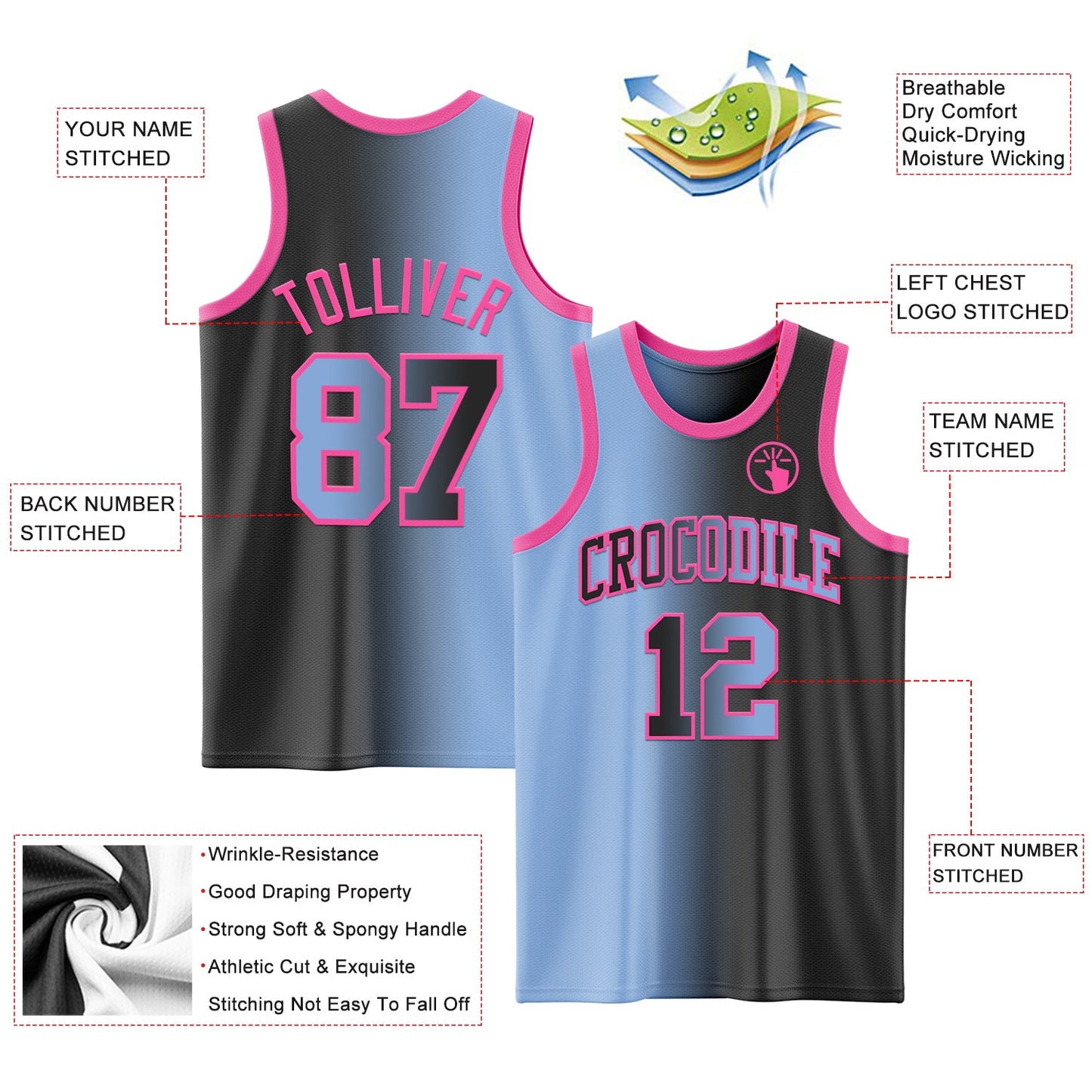 Custom Black Light Blue-Pink Authentic Gradient Fashion Basketball Jersey view 3