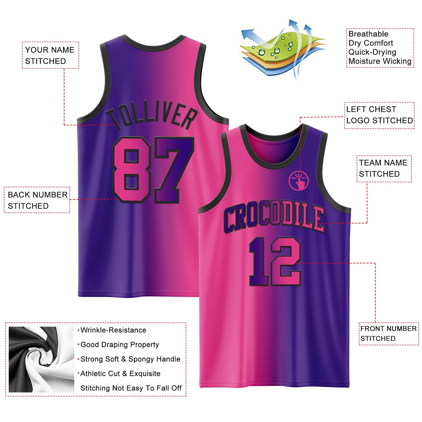 Custom Purple Pink-Black Authentic Gradient Fashion Basketball Jersey view 3