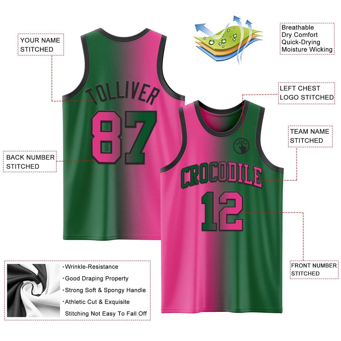 Custom Kelly Green Pink-Black Authentic Gradient Fashion Basketball Jersey view 3