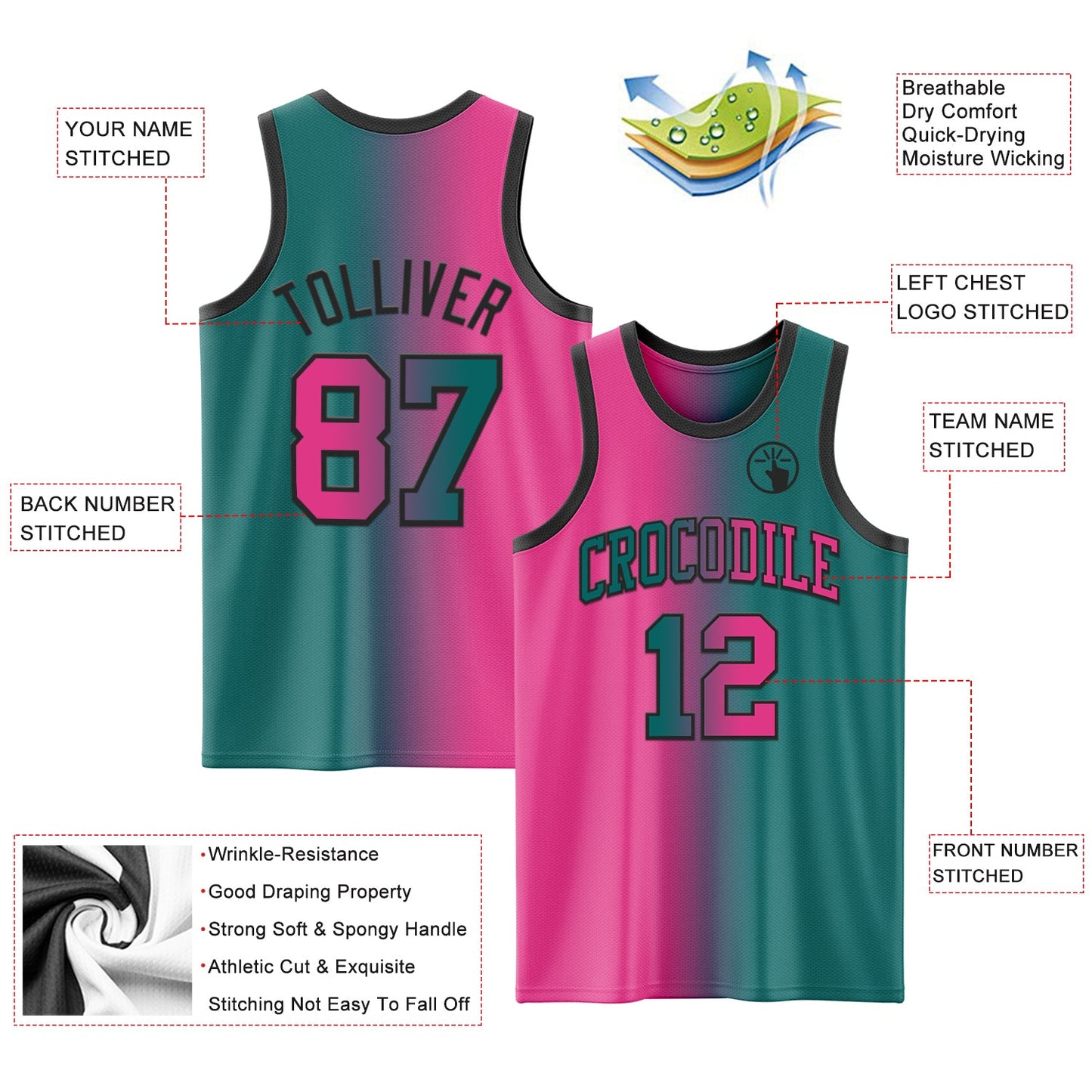 Custom Teal Pink-Black Authentic Gradient Fashion Basketball Jersey view 3