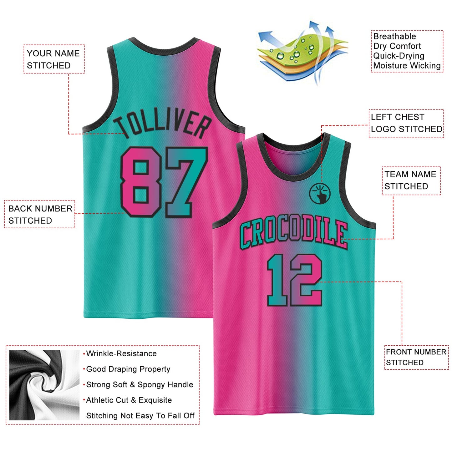 Custom Aqua Pink-Black Authentic Gradient Fashion Basketball Jersey view 3
