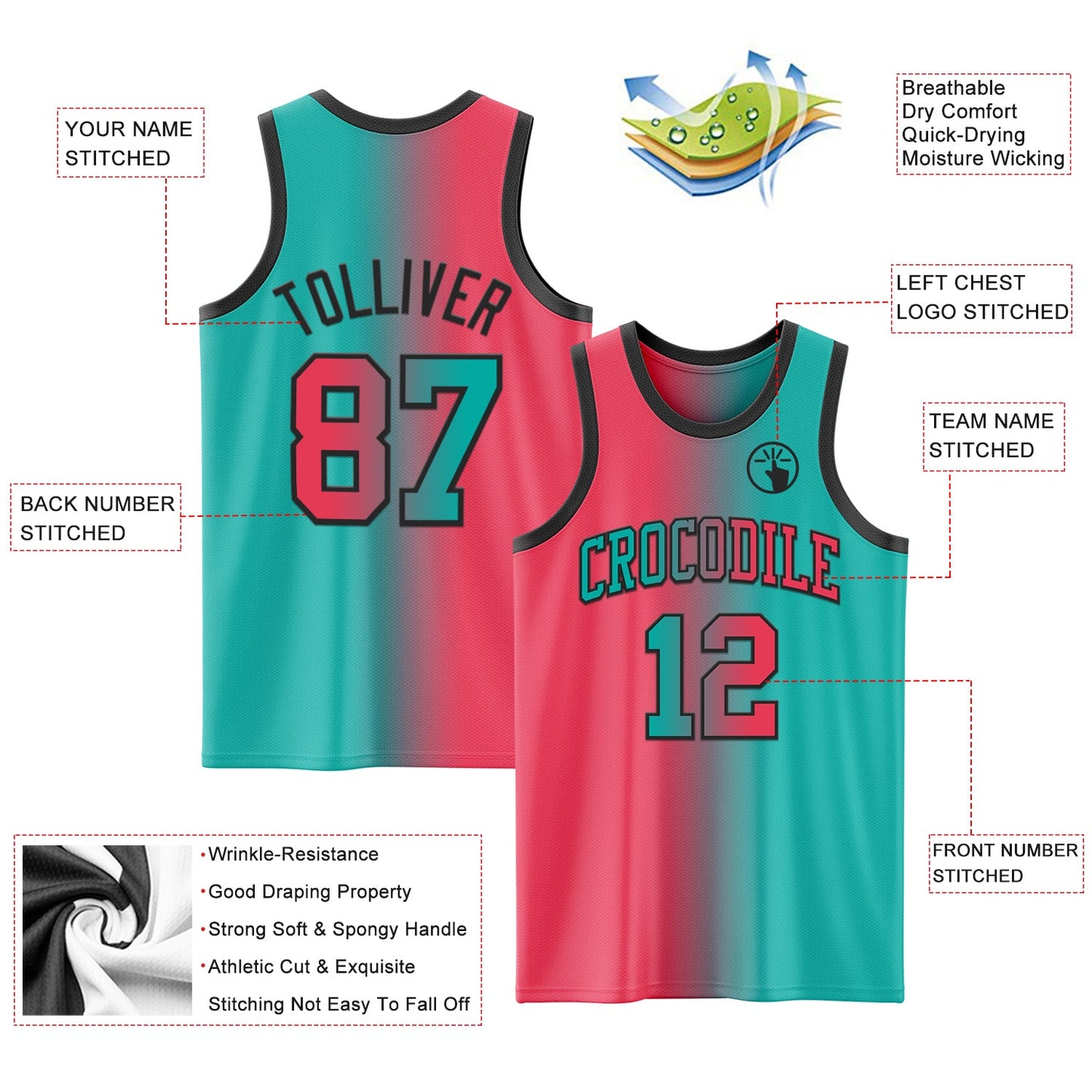 Custom Aqua Neon Pink-Black Authentic Gradient Fashion Basketball Jersey view 3