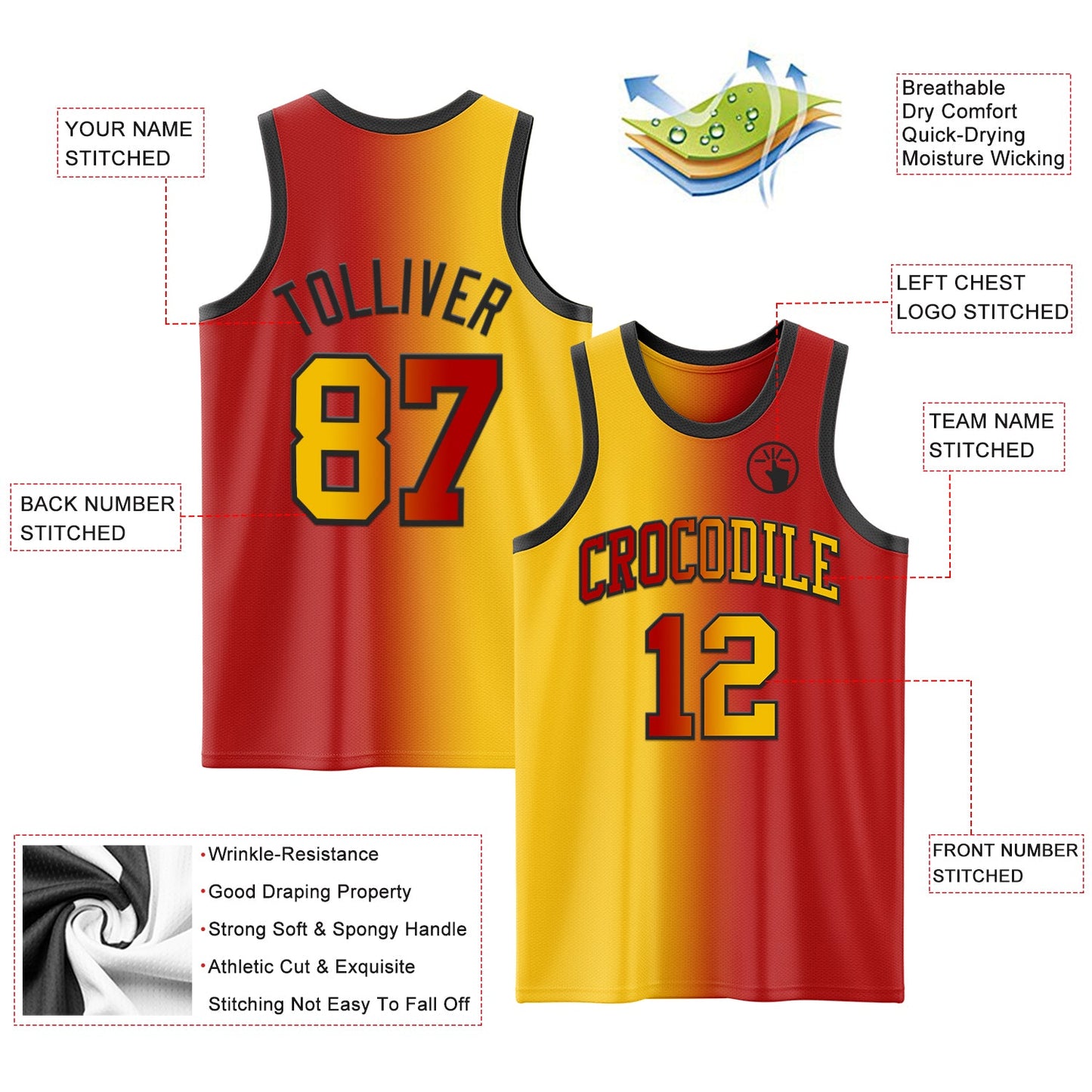 Custom Red Yellow-Black Authentic Gradient Fashion Basketball Jersey view 3