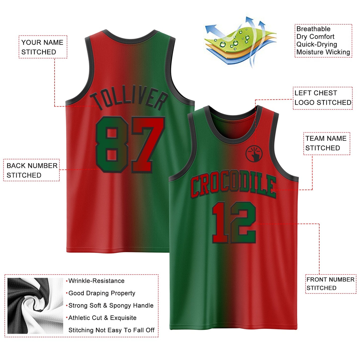 Custom Red Kelly Green-Black Authentic Gradient Fashion Basketball Jersey view 3