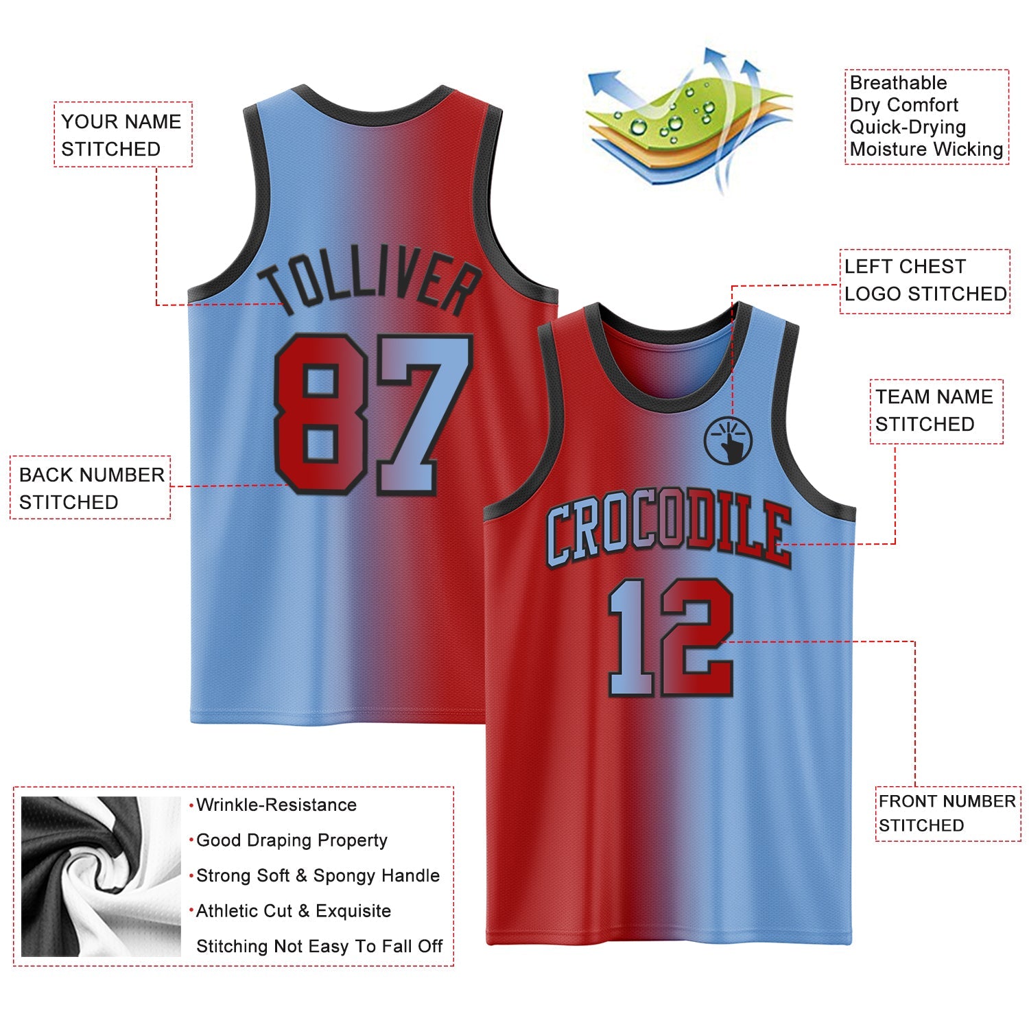 Custom Light Blue Red-Black Authentic Gradient Fashion Basketball Jersey view 3