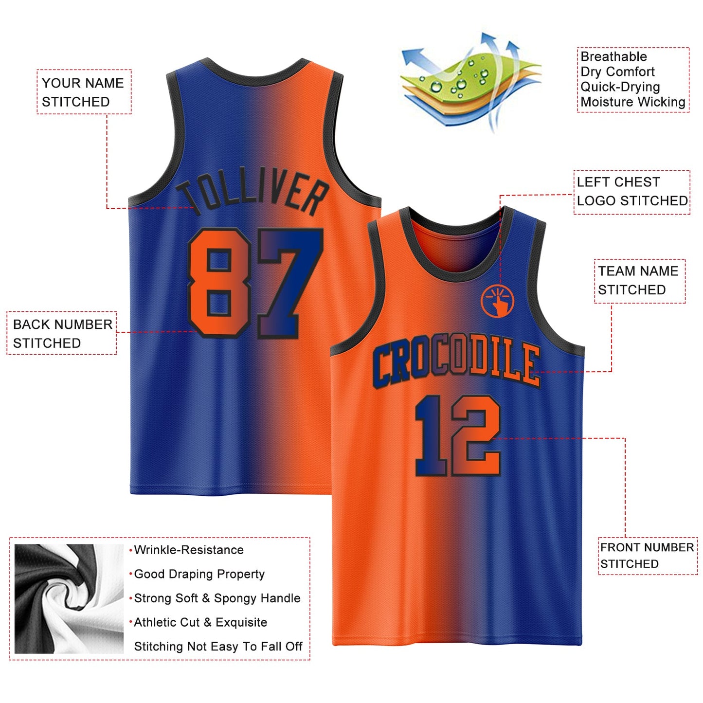 Custom Royal Orange-Black Authentic Gradient Fashion Basketball Jersey view 3