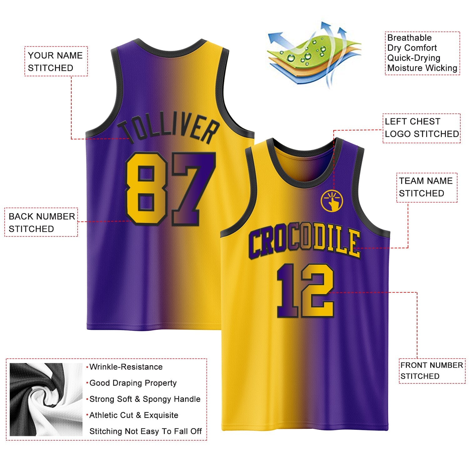 Custom Purple Yellow-Black Authentic Gradient Fashion Basketball Jersey view 3