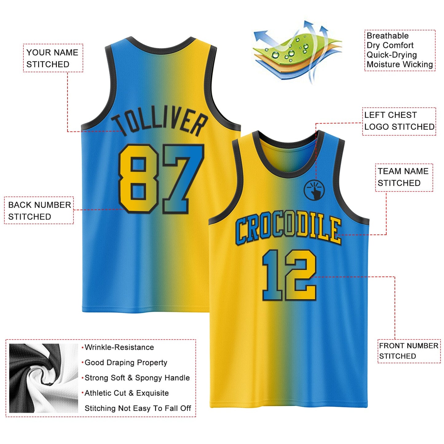 Custom Powder Blue Yellow-Black Authentic Gradient Fashion Basketball Jersey view 3