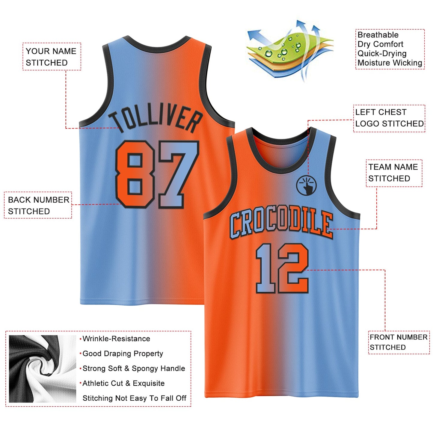 Custom Light Blue Orange-Black Authentic Gradient Fashion Basketball Jersey view 3