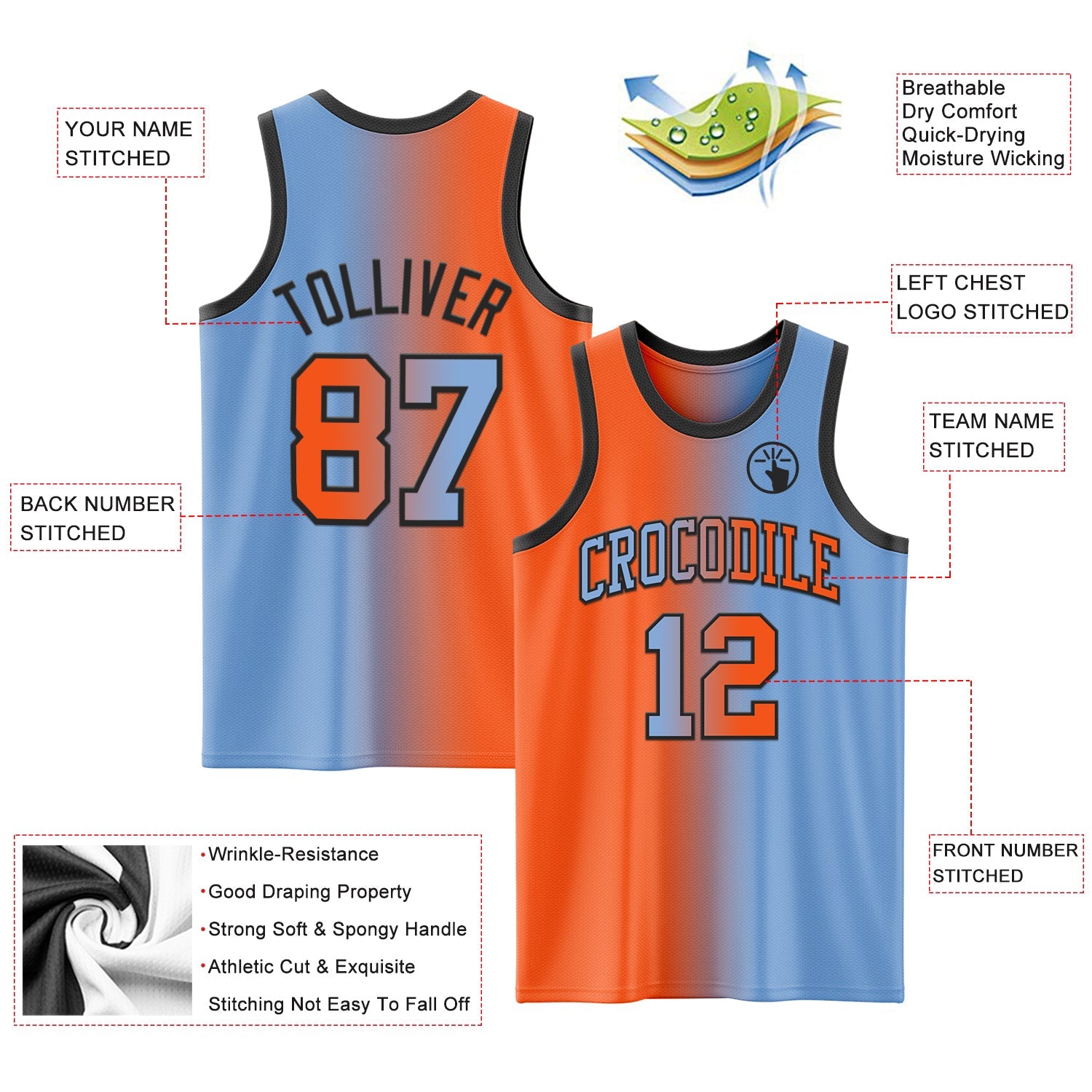 Custom Light Blue Orange-Black Authentic Gradient Fashion Basketball Jersey view 3