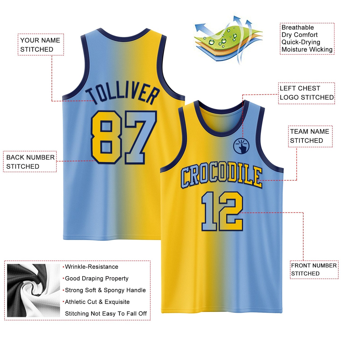 Custom Light Blue Yellow-Navy Authentic Gradient Fashion Basketball Jersey view 3