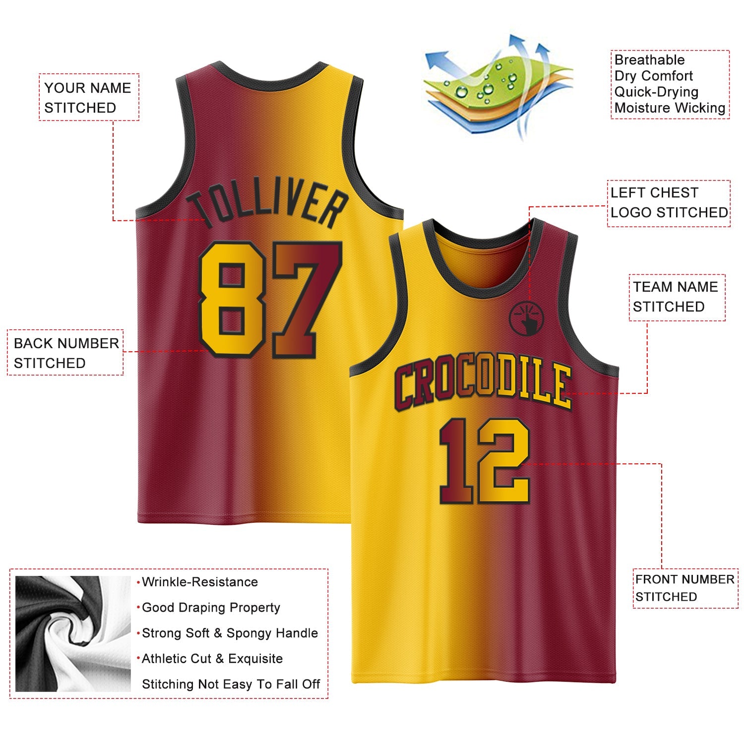 Custom Crimson Yellow-Black Authentic Gradient Fashion Basketball Jersey view 3