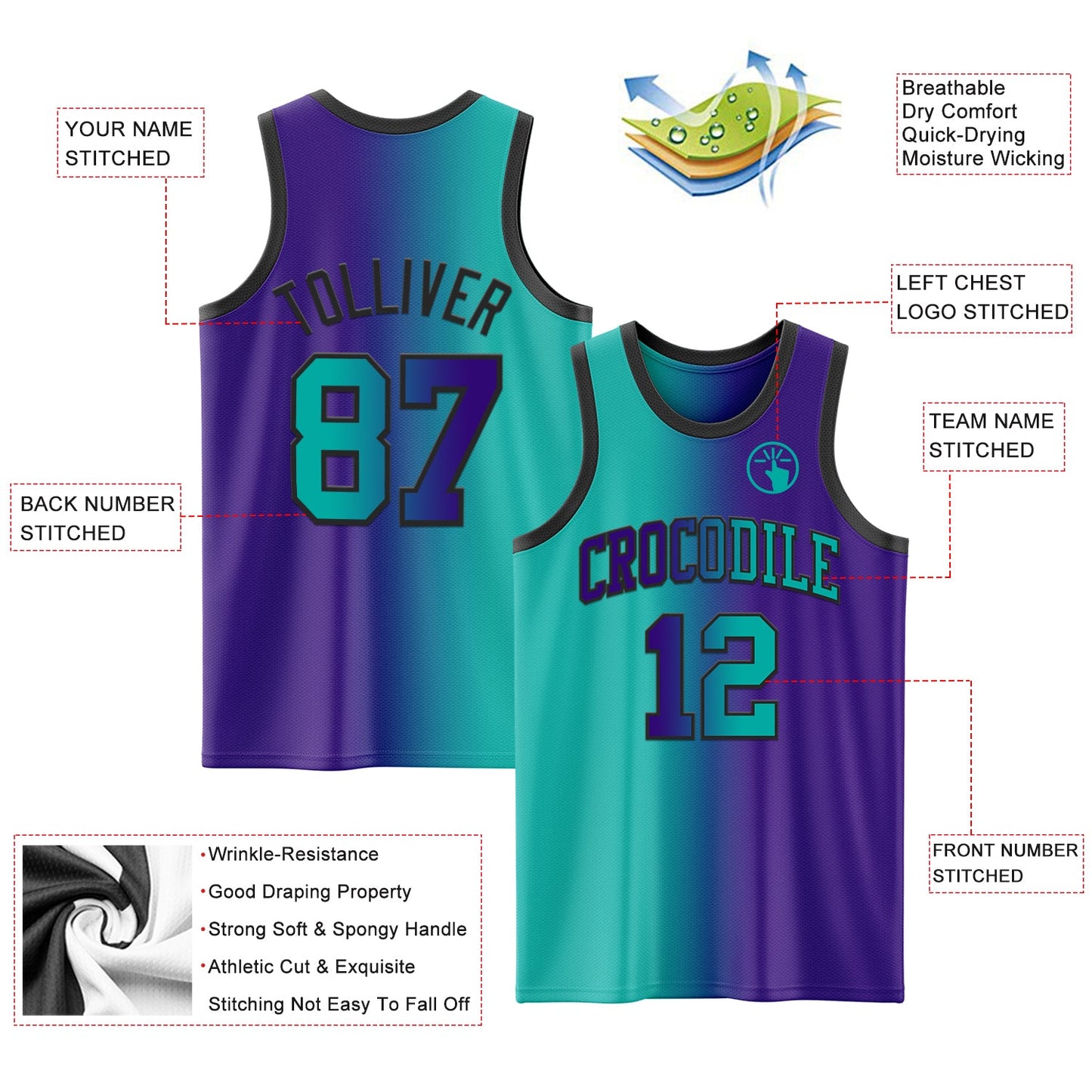 Custom Purple Aqua-Black Authentic Gradient Fashion Basketball Jersey view 3