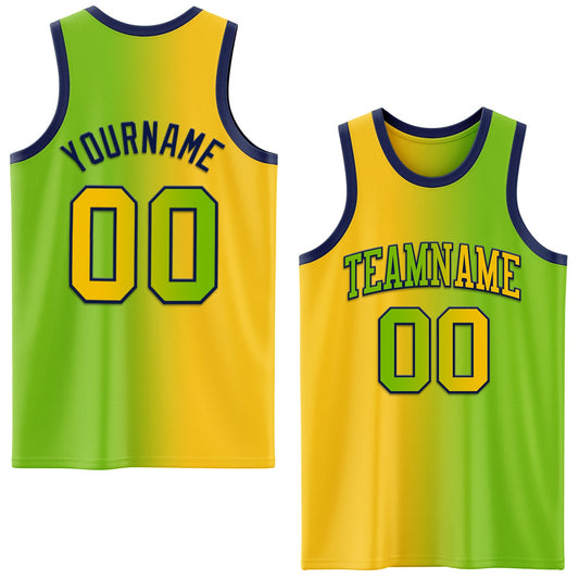 Custom Neon Green Yellow-Navy Authentic Gradient Fashion Basketball Jersey - Main View