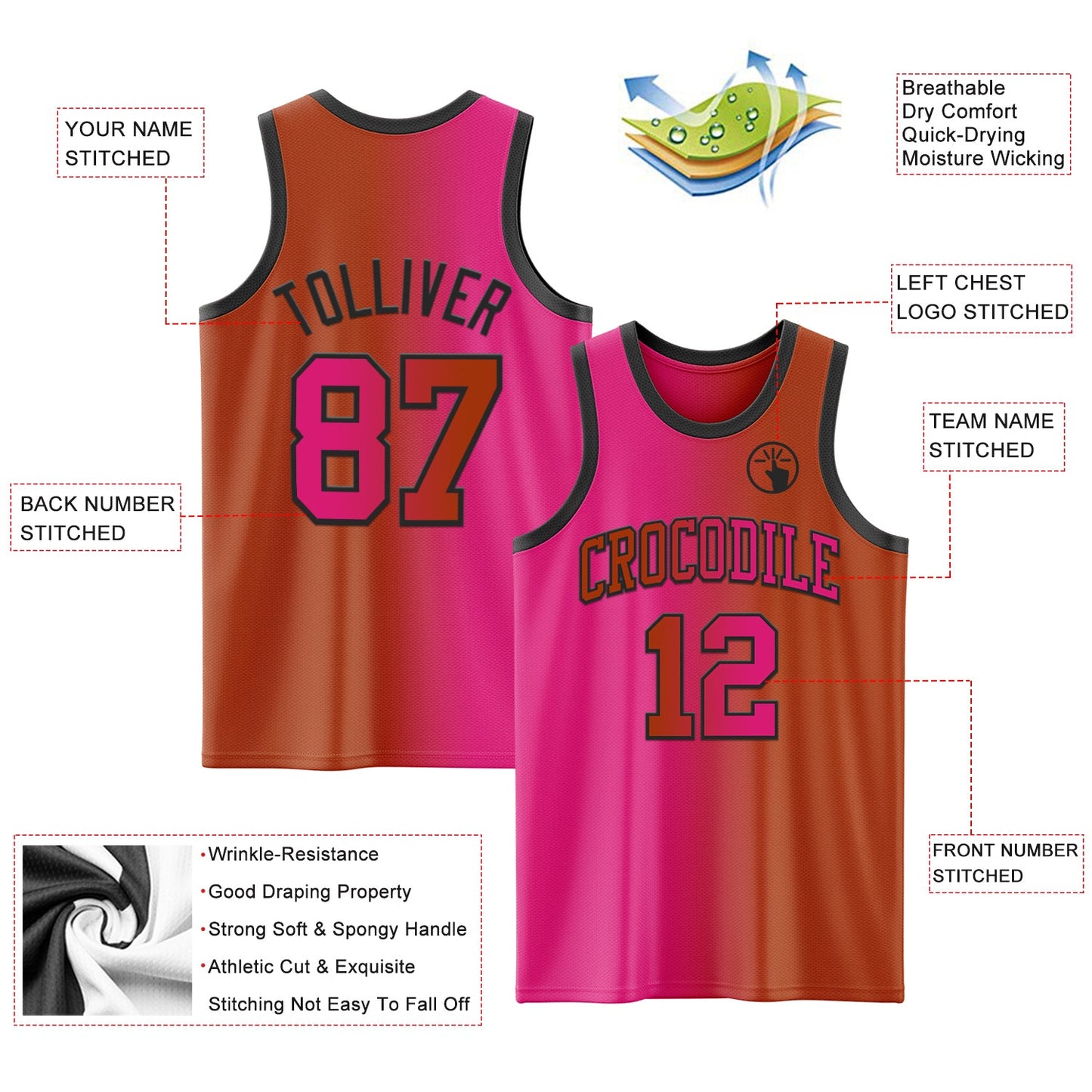 Custom Texas Orange Hot Pink-Black Authentic Gradient Fashion Basketball Jersey view 3