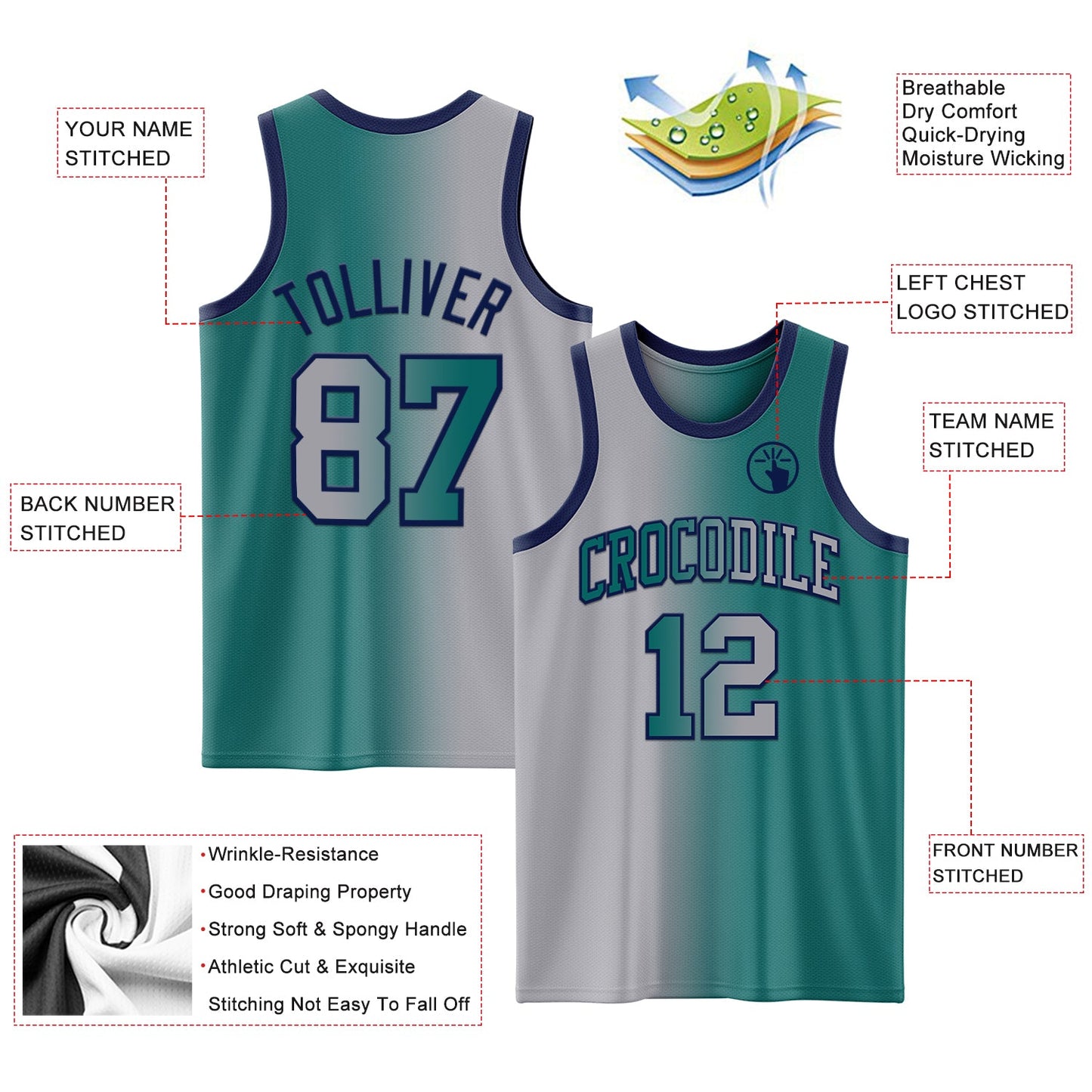 Custom Teal Gray-Navy Authentic Gradient Fashion Basketball Jersey view 3