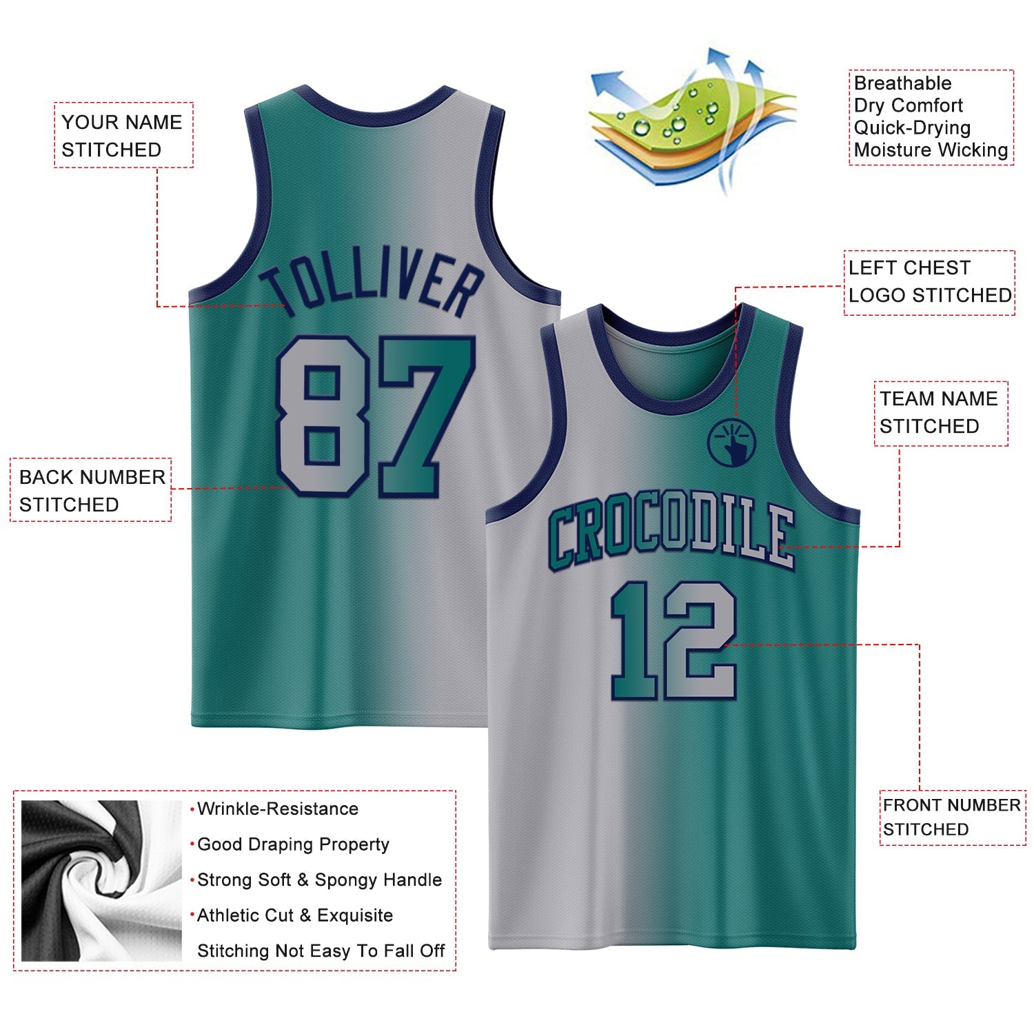 Custom Teal Gray-Navy Authentic Gradient Fashion Basketball Jersey view 3