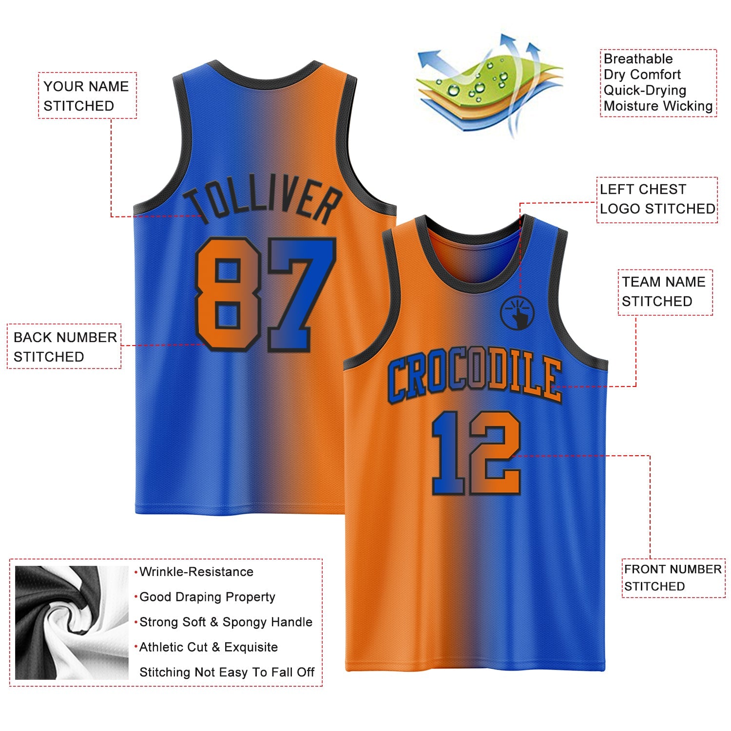 Custom Thunder Blue Bay Orange-Black Authentic Gradient Fashion Basketball Jersey view 3