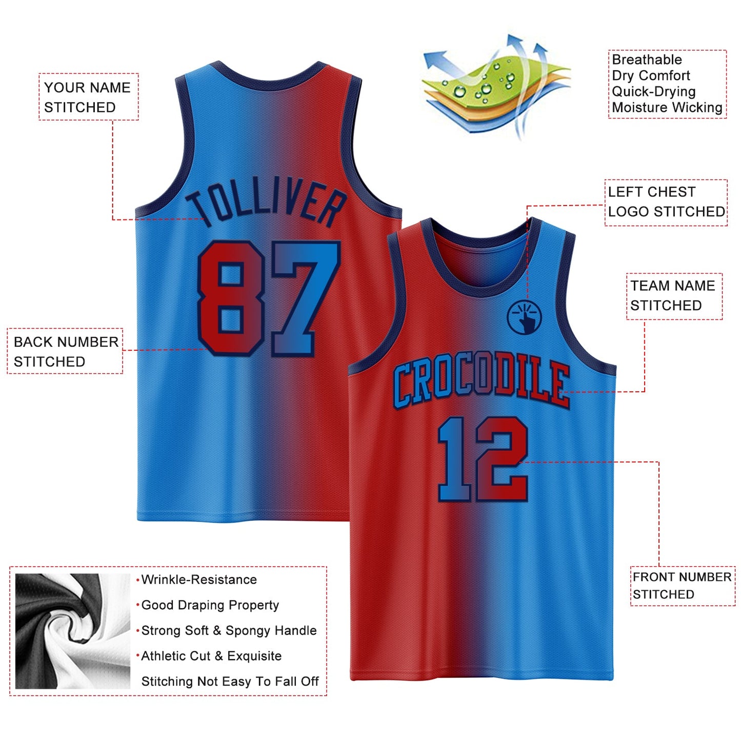 Custom Powder Blue Red-Navy Authentic Gradient Fashion Basketball Jersey view 3