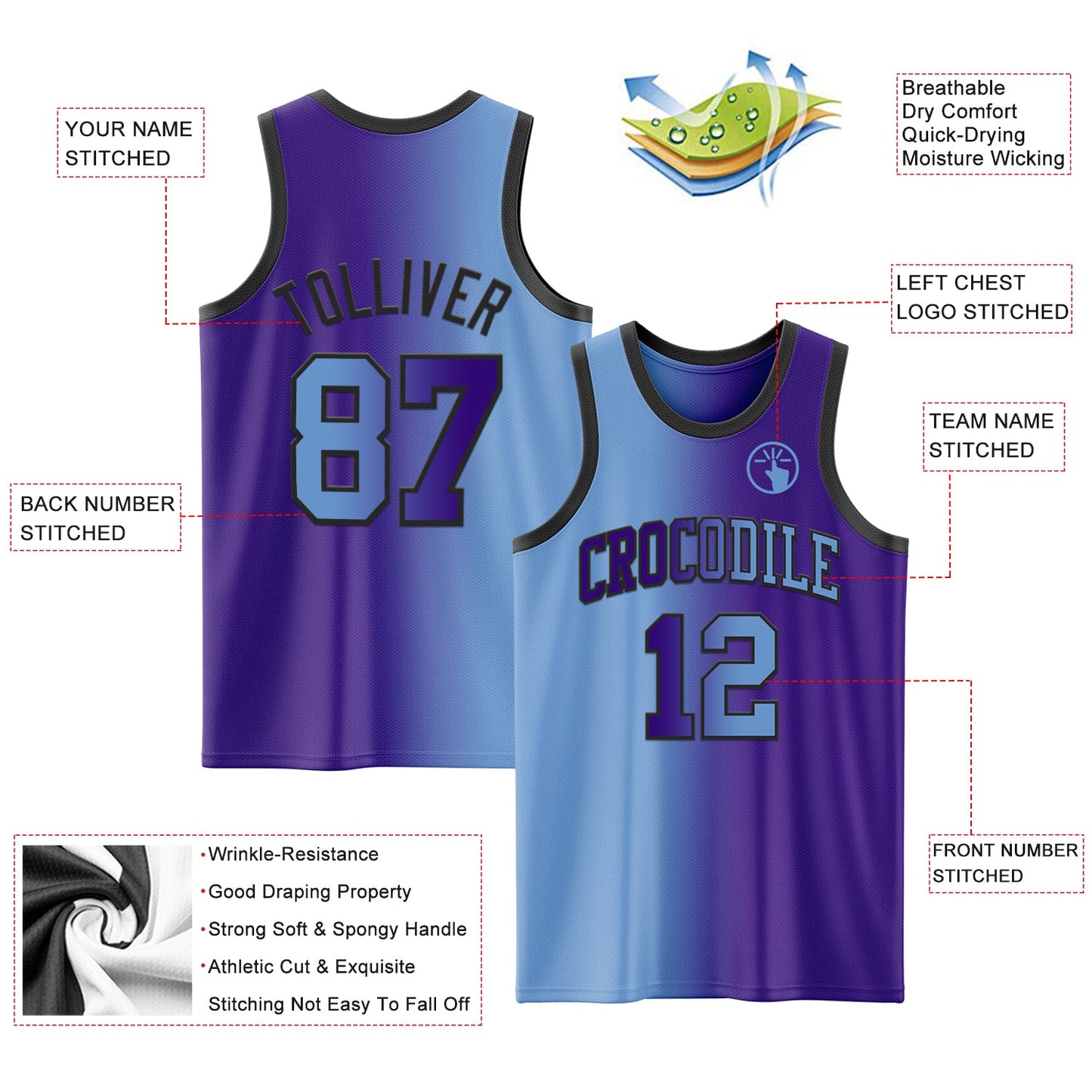 Custom Purple Light Blue-Black Authentic Gradient Fashion Basketball Jersey view 3