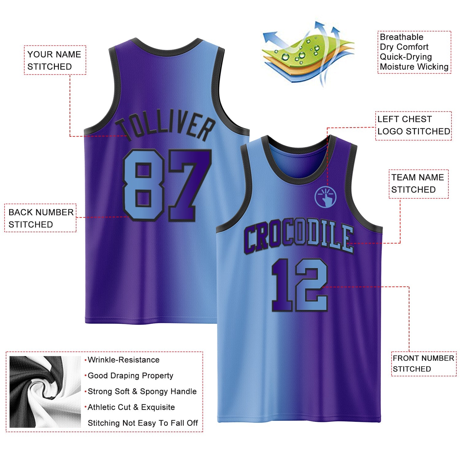 Custom Purple Light Blue-Black Authentic Gradient Fashion Basketball Jersey view 3
