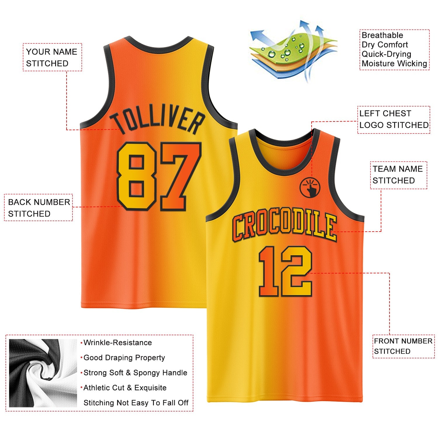 Custom Orange Yellow-Black Authentic Gradient Fashion Basketball Jersey view 3