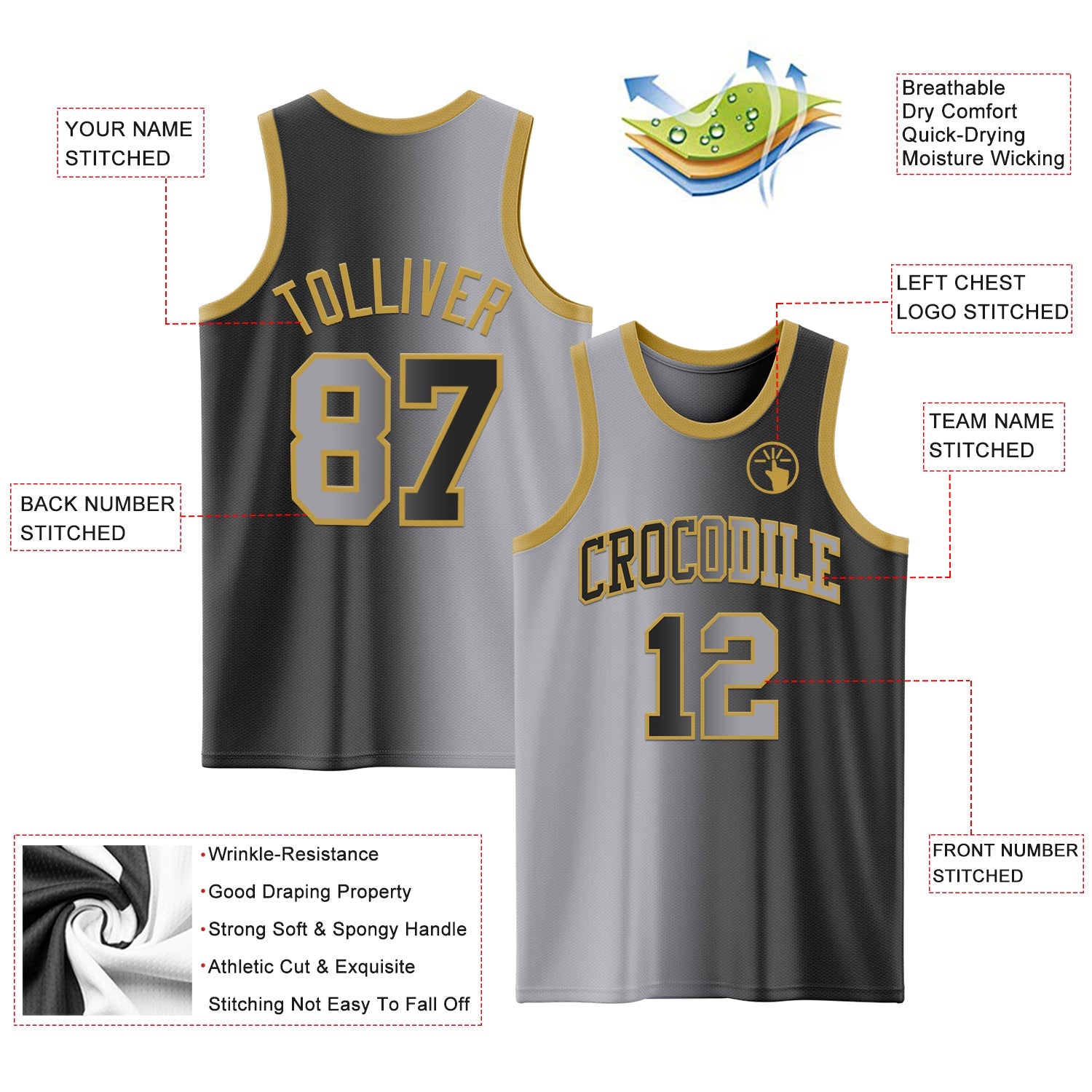 Custom Black Gray-Old Gold Authentic Gradient Fashion Basketball Jersey view 3