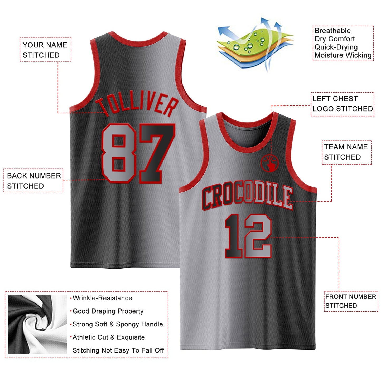 Custom Black Gray-Red Authentic Gradient Fashion Basketball Jersey view 3
