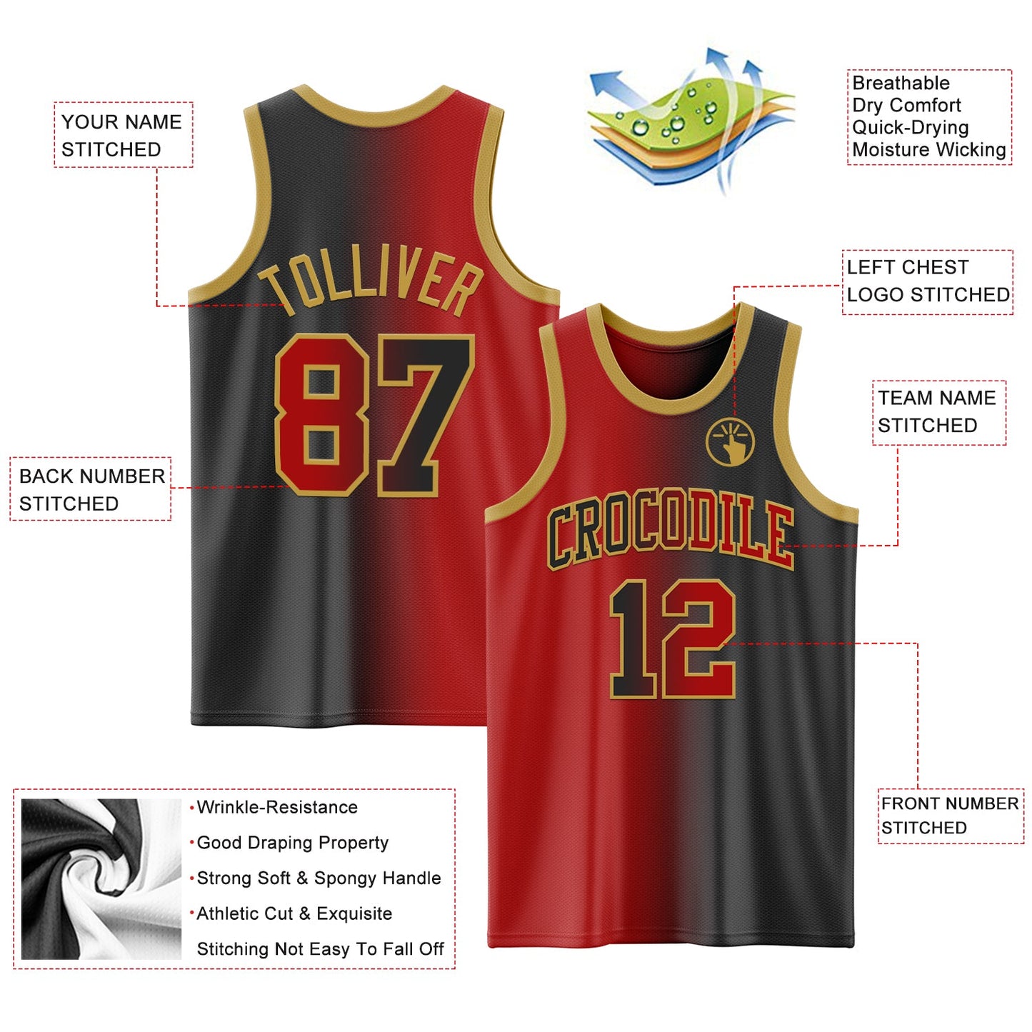 Custom Black Red-Old Gold Authentic Gradient Fashion Basketball Jersey view 3