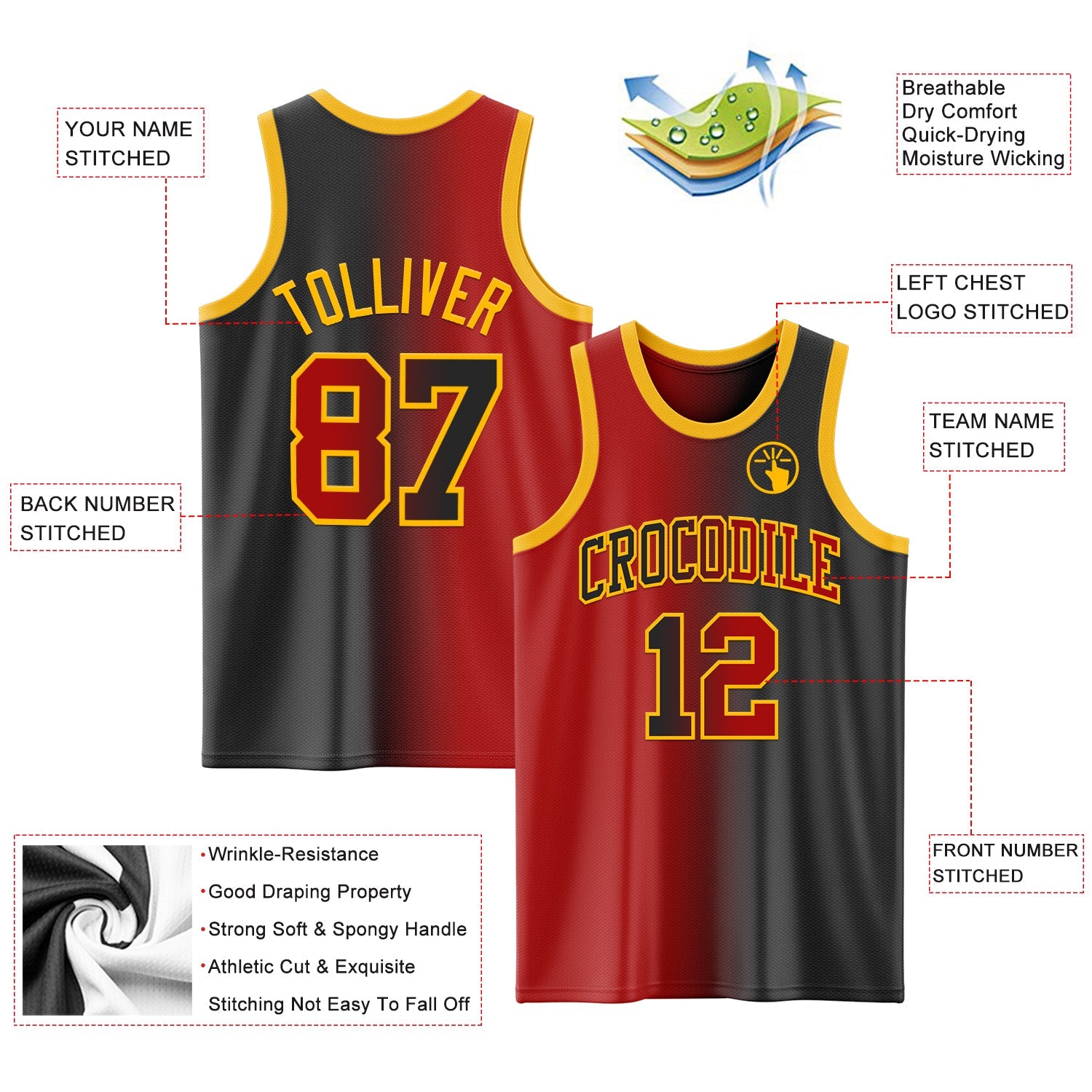 Custom Black Red-Gold Authentic Gradient Fashion Basketball Jersey view 3
