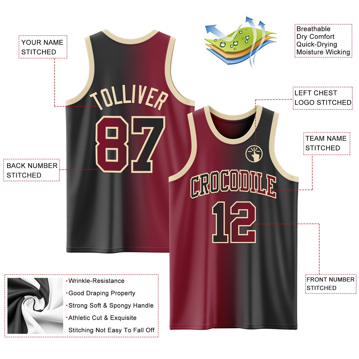 Custom Black Crimson-Cream Authentic Gradient Fashion Basketball Jersey view 3
