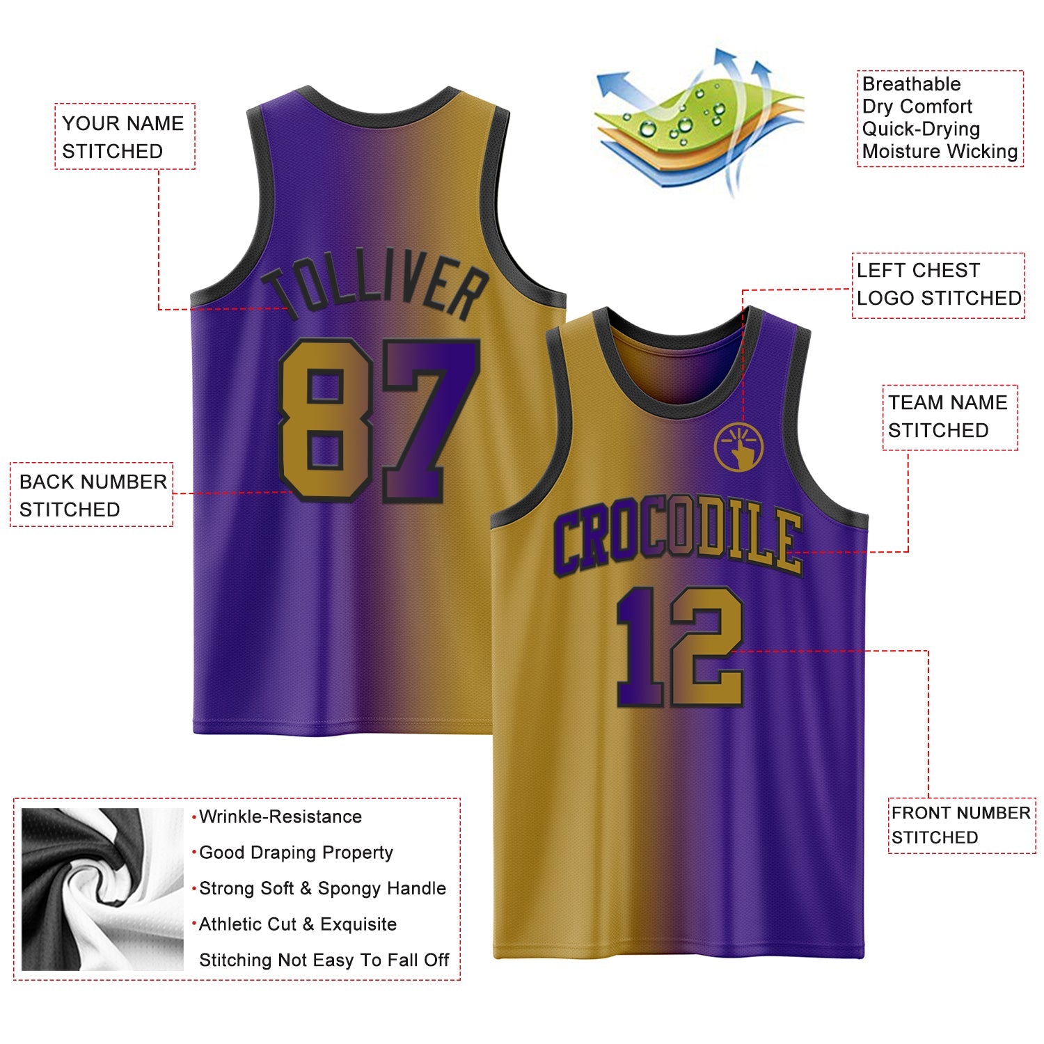 Custom Purple Old Gold-Black Authentic Gradient Fashion Basketball Jersey view 3