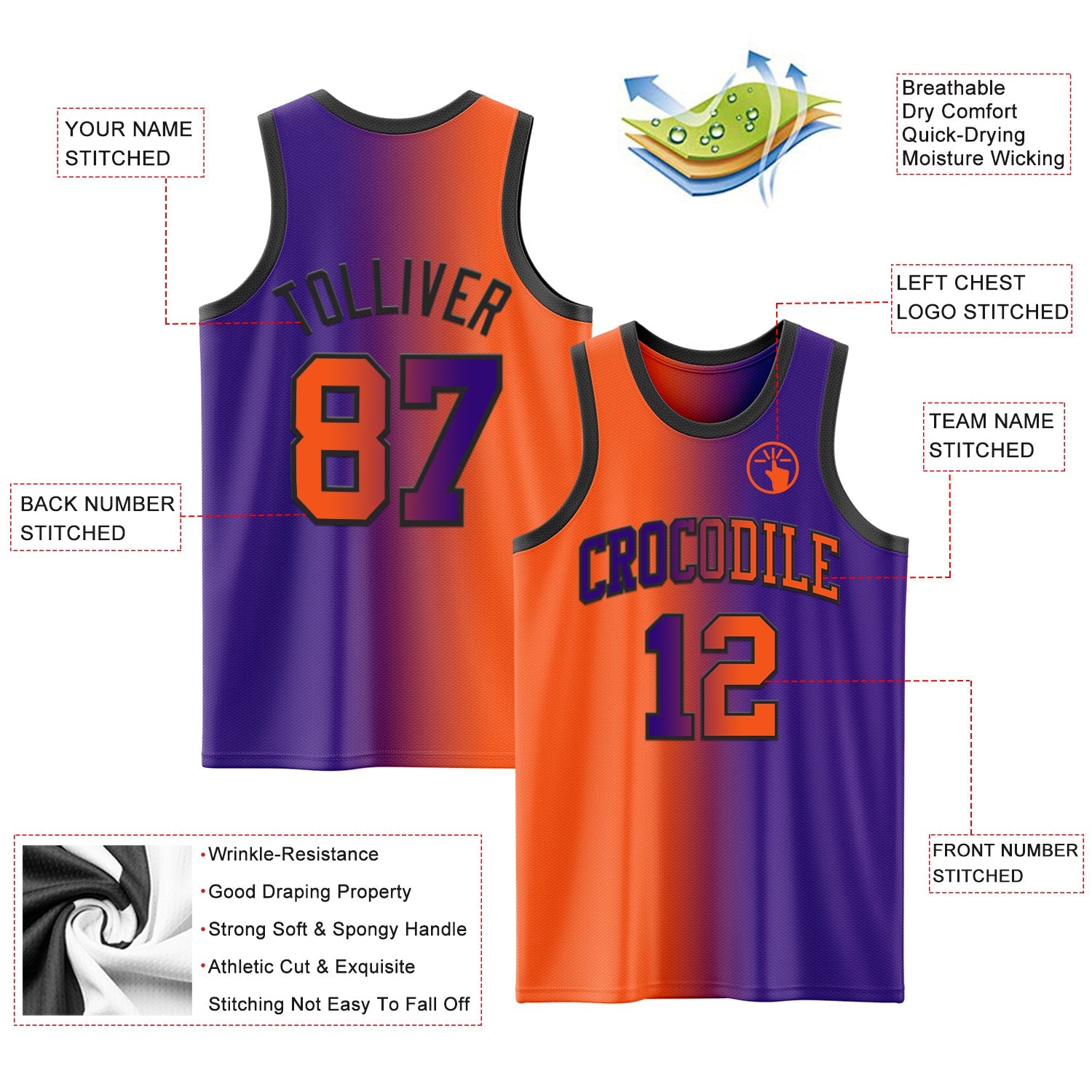 Custom Purple Orange-Black Authentic Gradient Fashion Basketball Jersey view 3