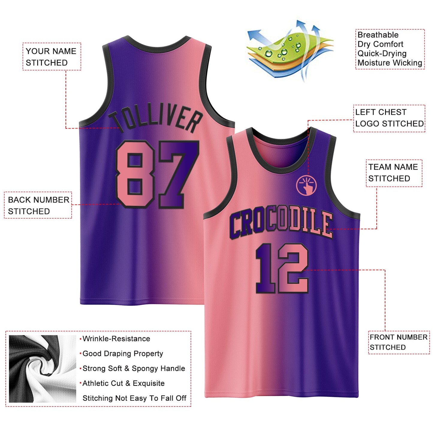 Custom Purple Medium Pink-Black Authentic Gradient Fashion Basketball Jersey view 3