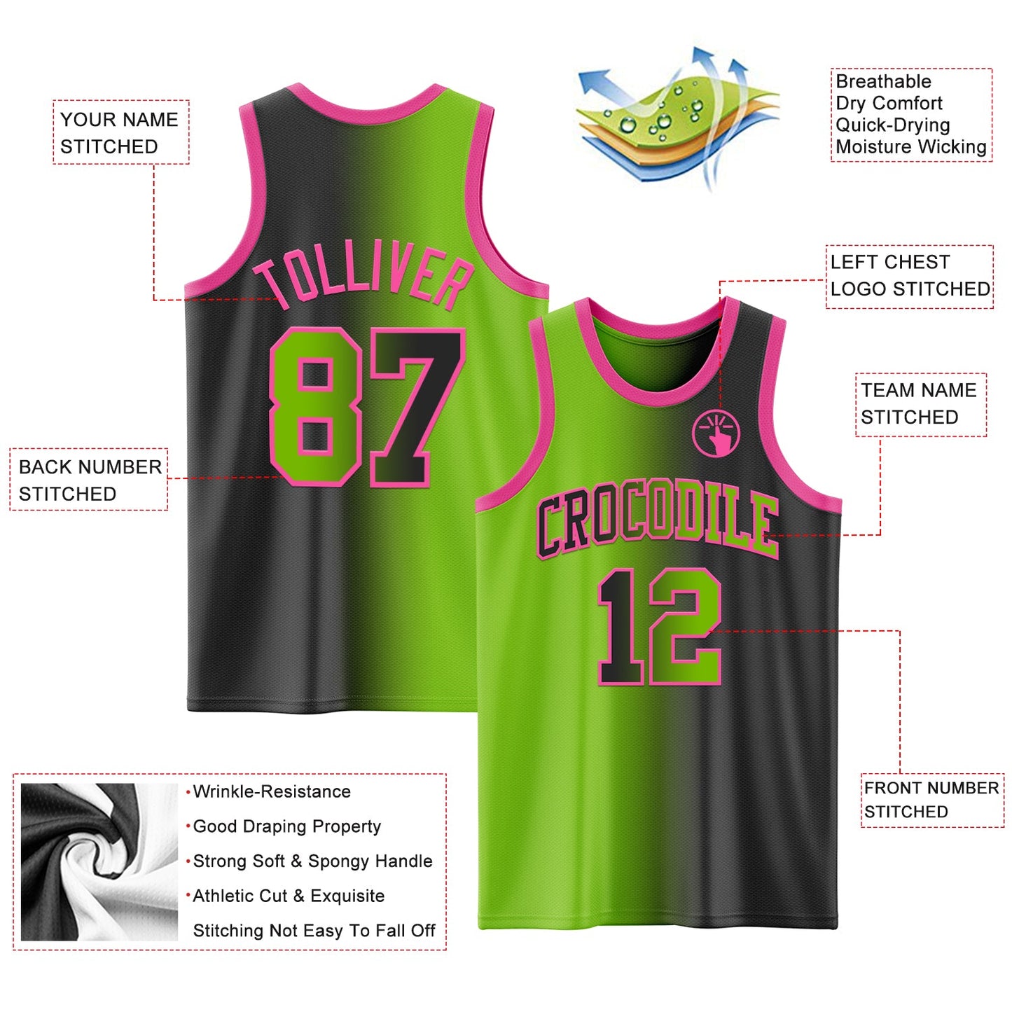 Custom Black Neon Green-Pink Authentic Gradient Fashion Basketball Jersey view 3