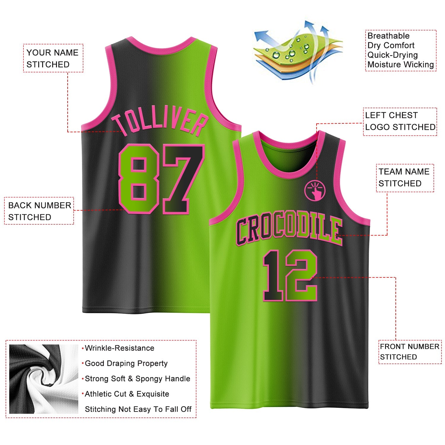 Custom Black Neon Green-Pink Authentic Gradient Fashion Basketball Jersey view 3