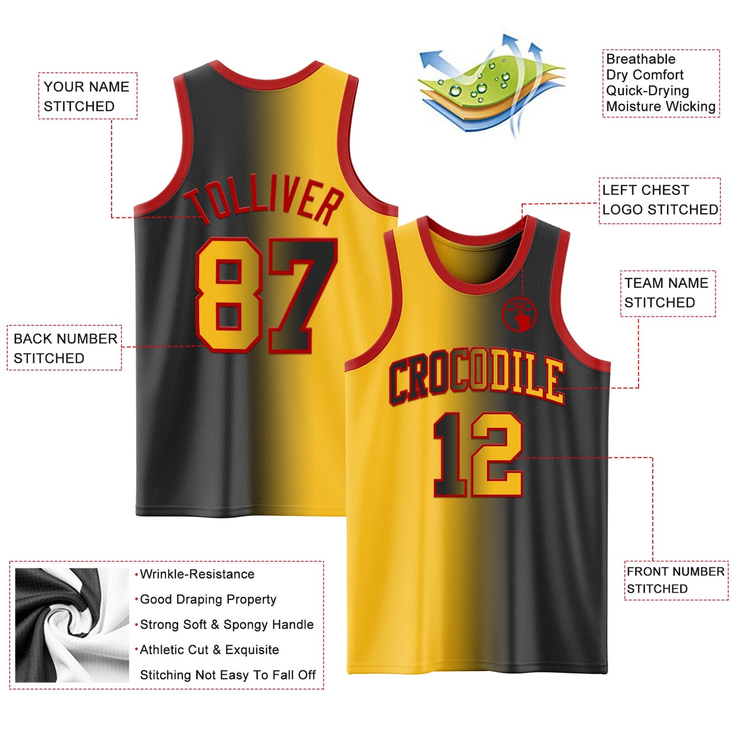 Custom Black Gold-Red Authentic Gradient Fashion Basketball Jersey view 3