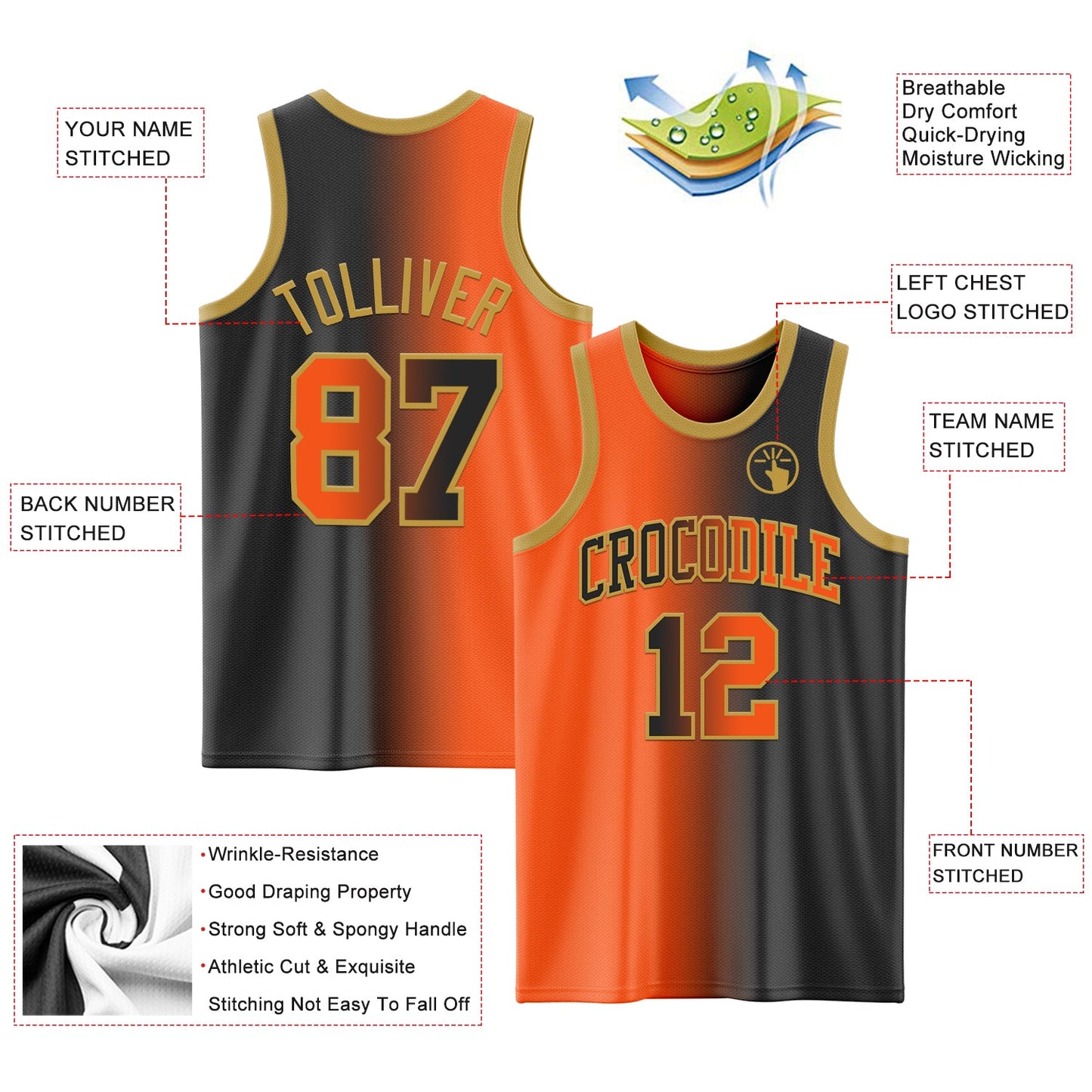 Custom Black Orange-Old Gold Authentic Gradient Fashion Basketball Jersey view 3