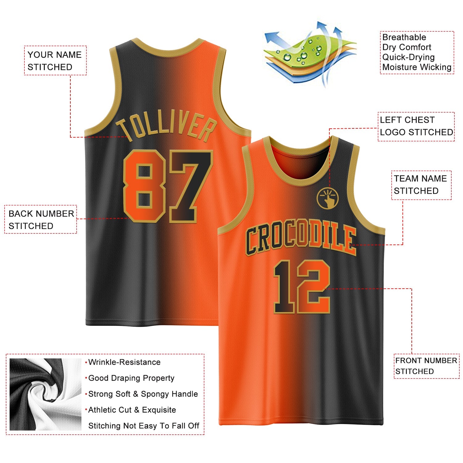 Custom Black Orange-Old Gold Authentic Gradient Fashion Basketball Jersey view 3
