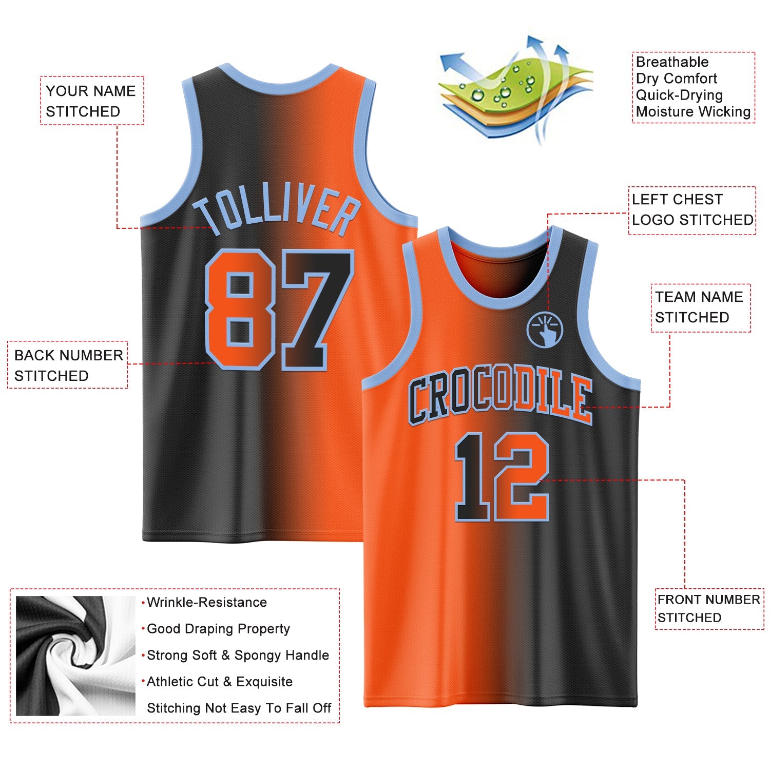Custom Black Orange-Light Blue Authentic Gradient Fashion Basketball Jersey view 3
