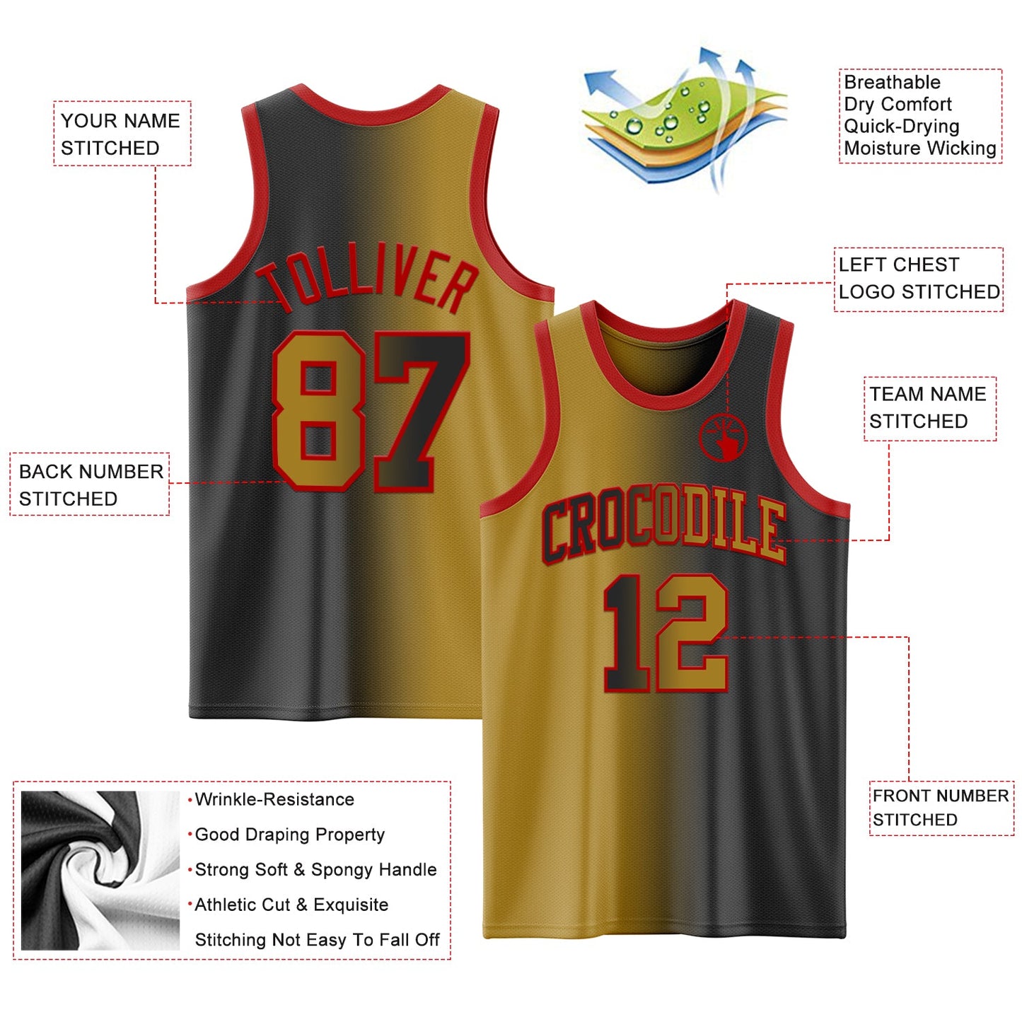 Custom Black Old Gold-Red Authentic Gradient Fashion Basketball Jersey view 3