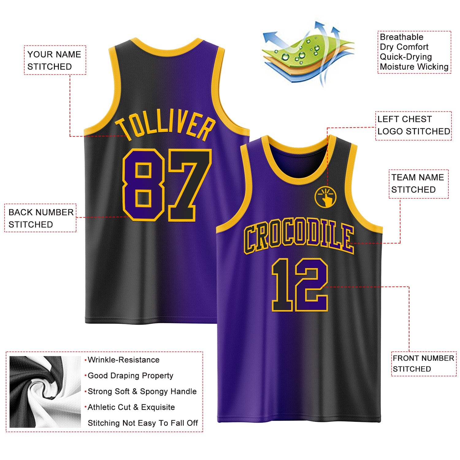 Custom Black Purple-Gold Authentic Gradient Fashion Basketball Jersey view 3