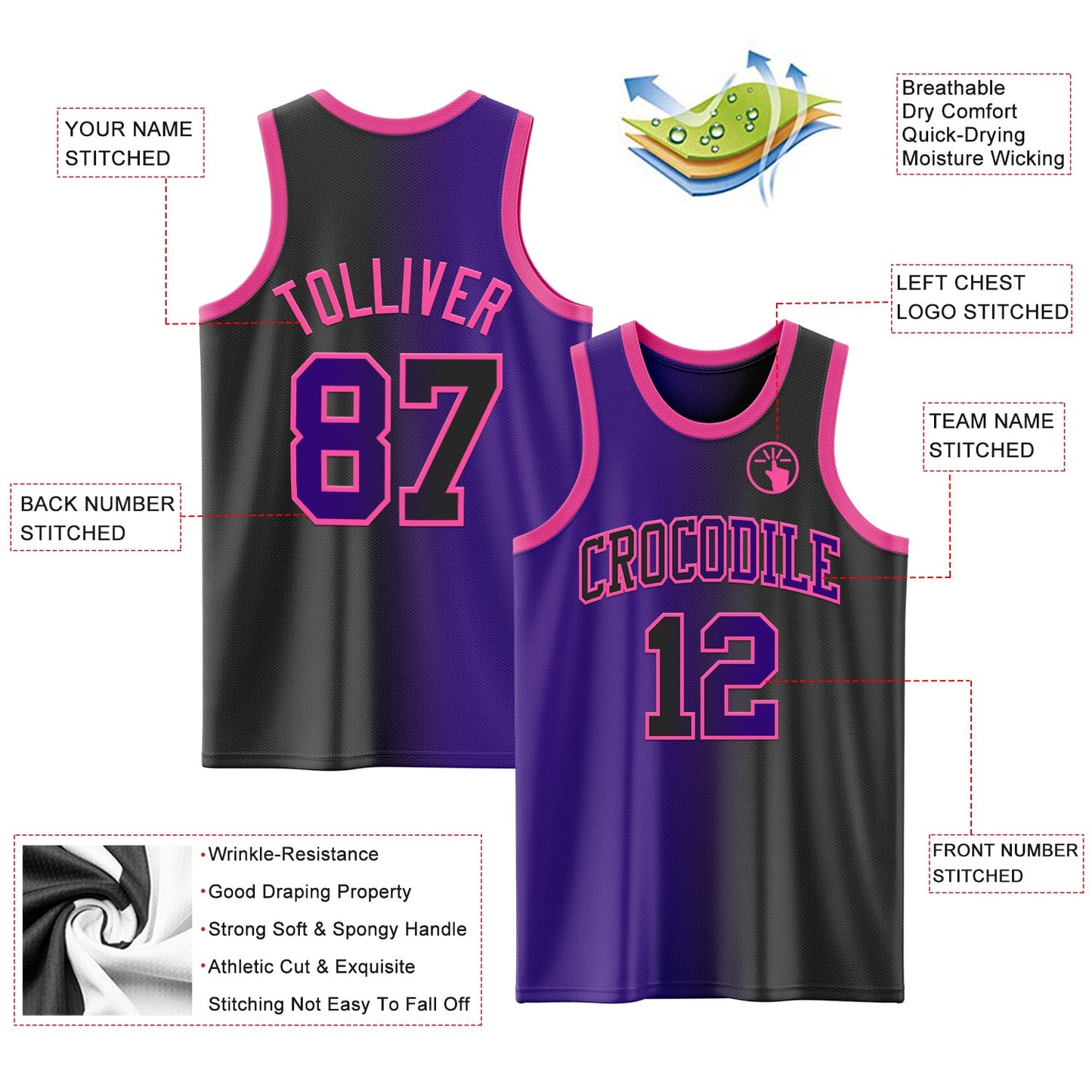 Custom Black Purple-Pink Authentic Gradient Fashion Basketball Jersey view 3