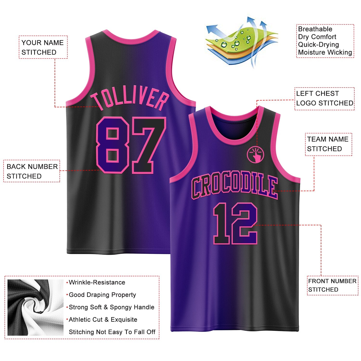 Custom Black Purple-Pink Authentic Gradient Fashion Basketball Jersey view 3