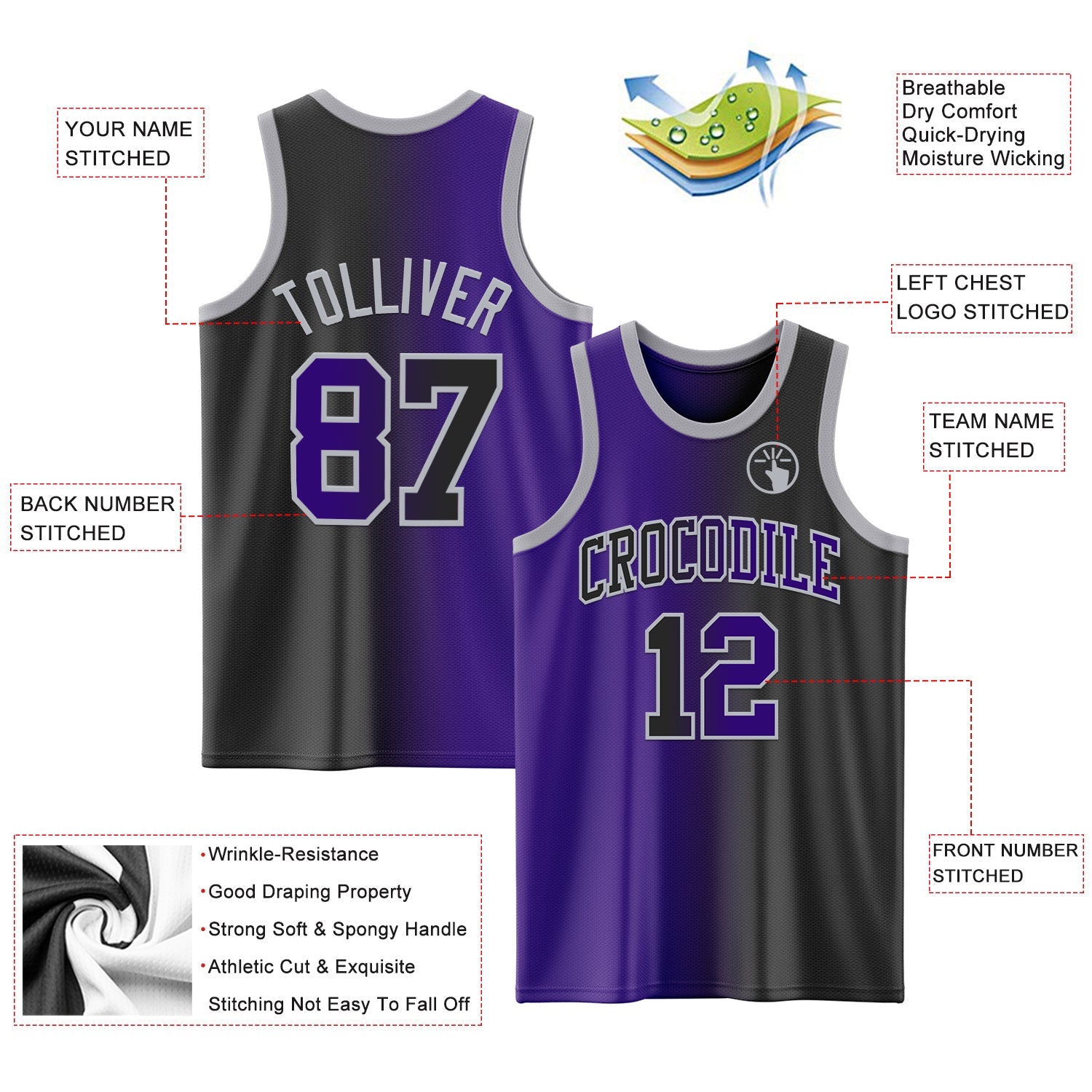 Custom Black Purple-Gray Authentic Gradient Fashion Basketball Jersey view 3