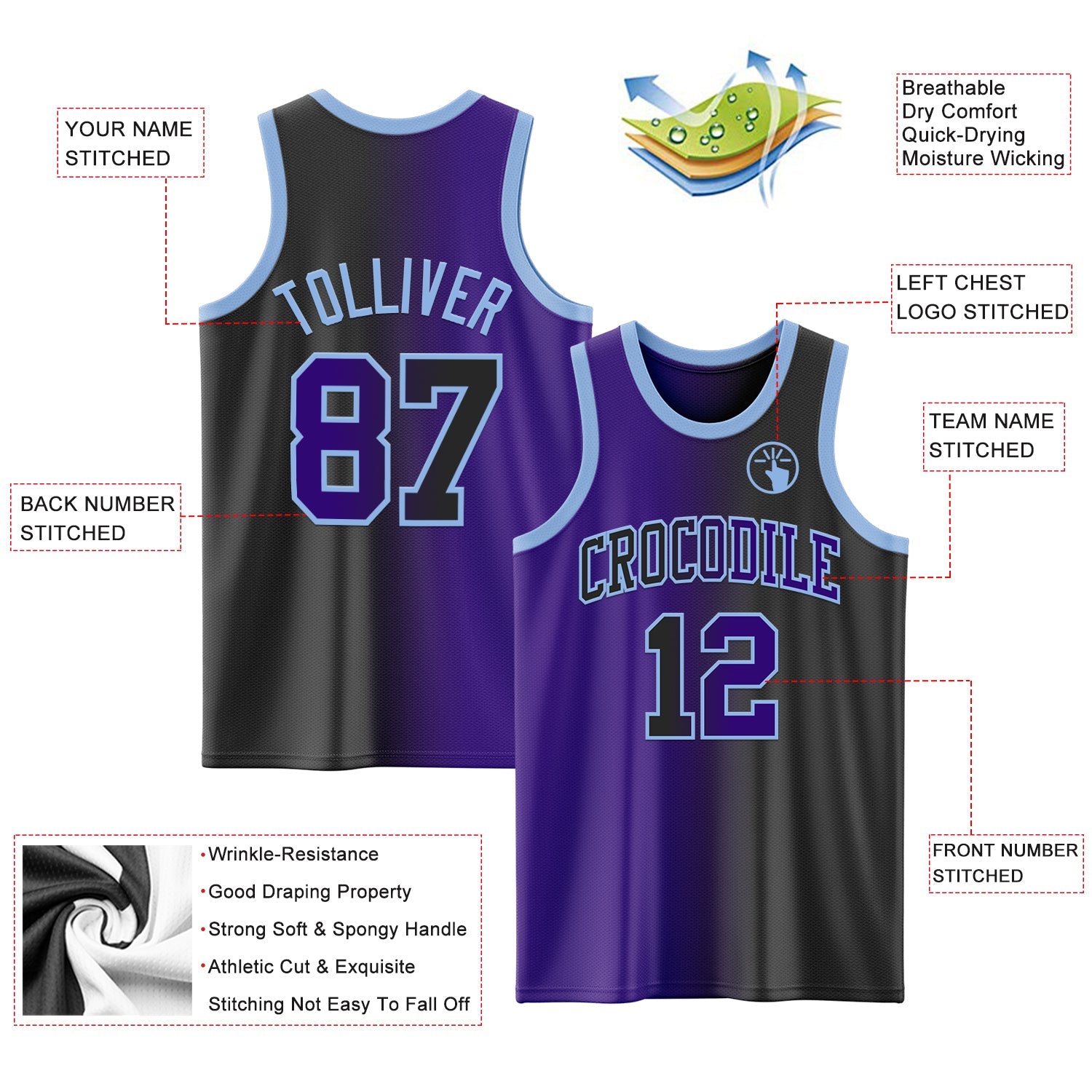 Custom Black Purple-Light Blue Authentic Gradient Fashion Basketball Jersey view 3