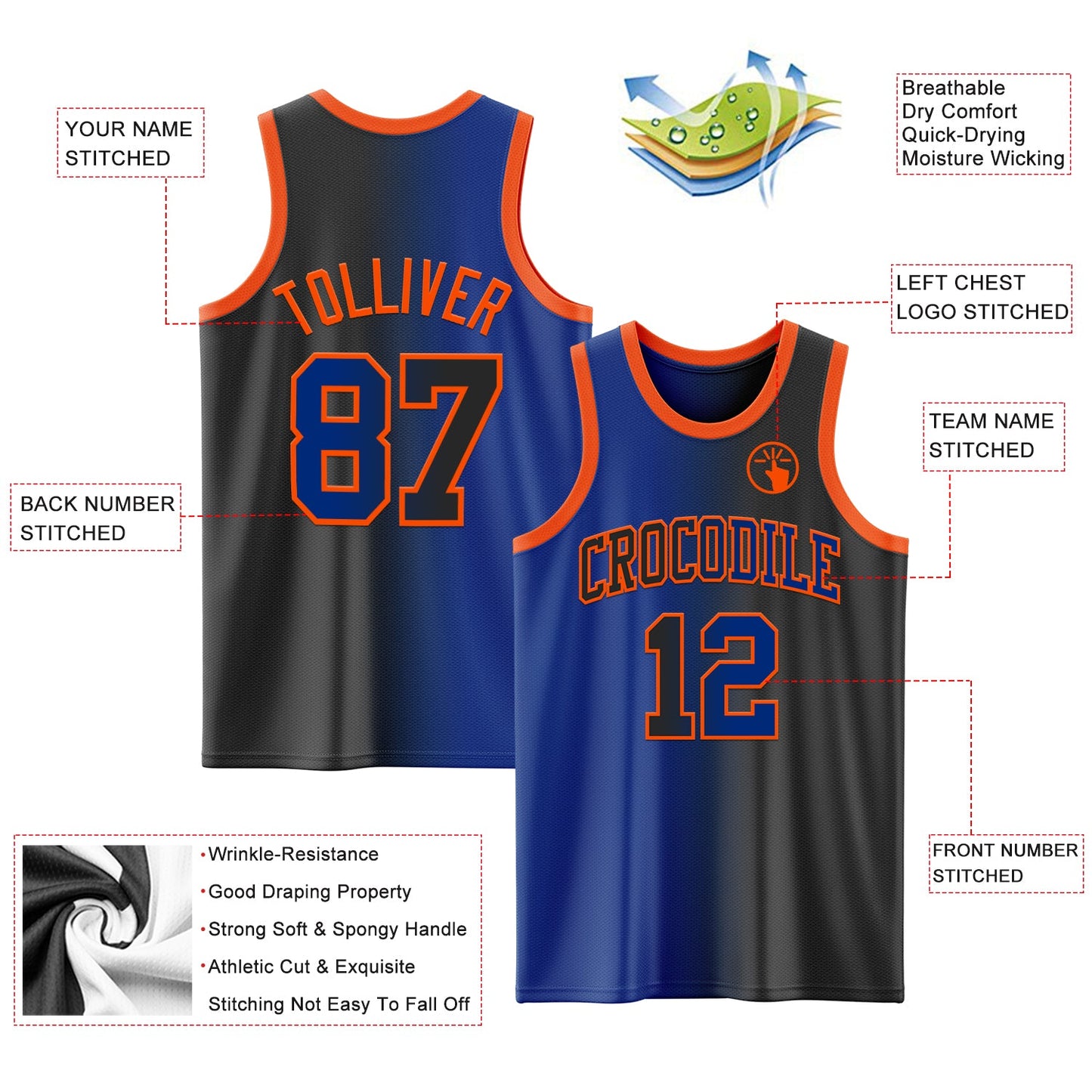 Custom Black Royal-Orange Authentic Gradient Fashion Basketball Jersey view 3