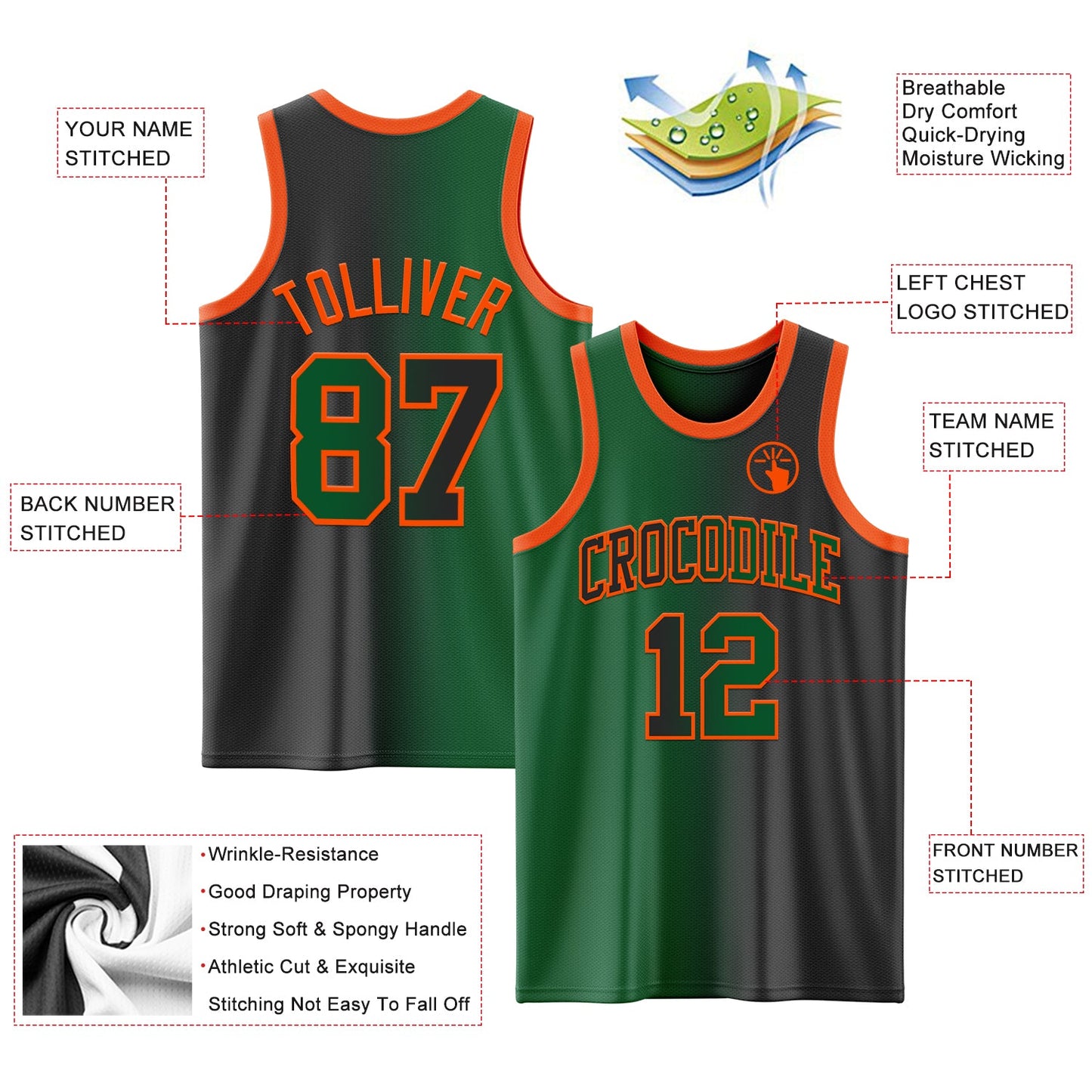Custom Black Kelly Green-Orange Authentic Gradient Fashion Basketball Jersey view 3